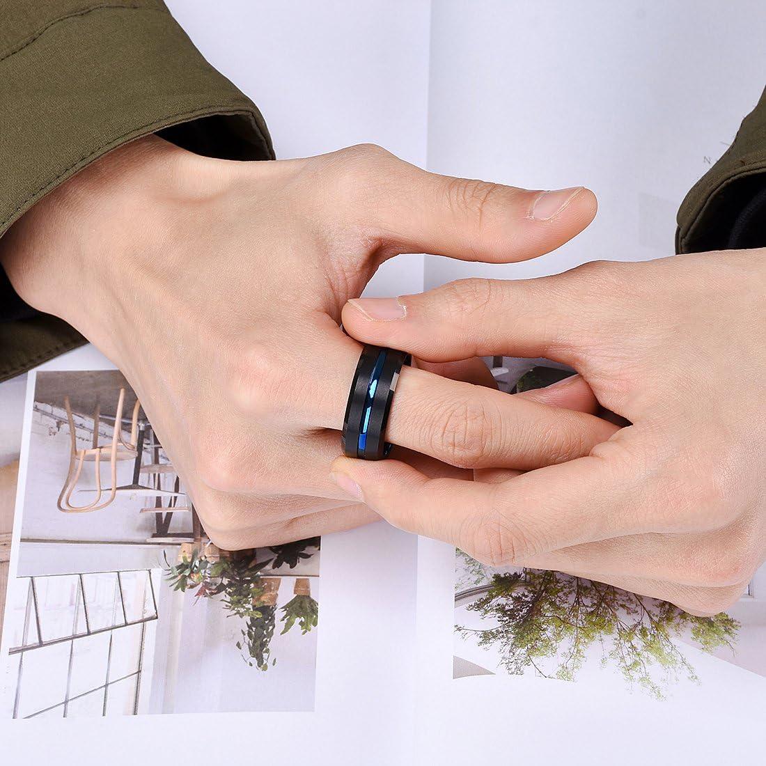 imageKing Will Tungsten Rings for Men Two Tone Grooved Mens Wedding Band Cool Promise Engagement Matte Finished Beveled EdgeBlack Blue 10mm