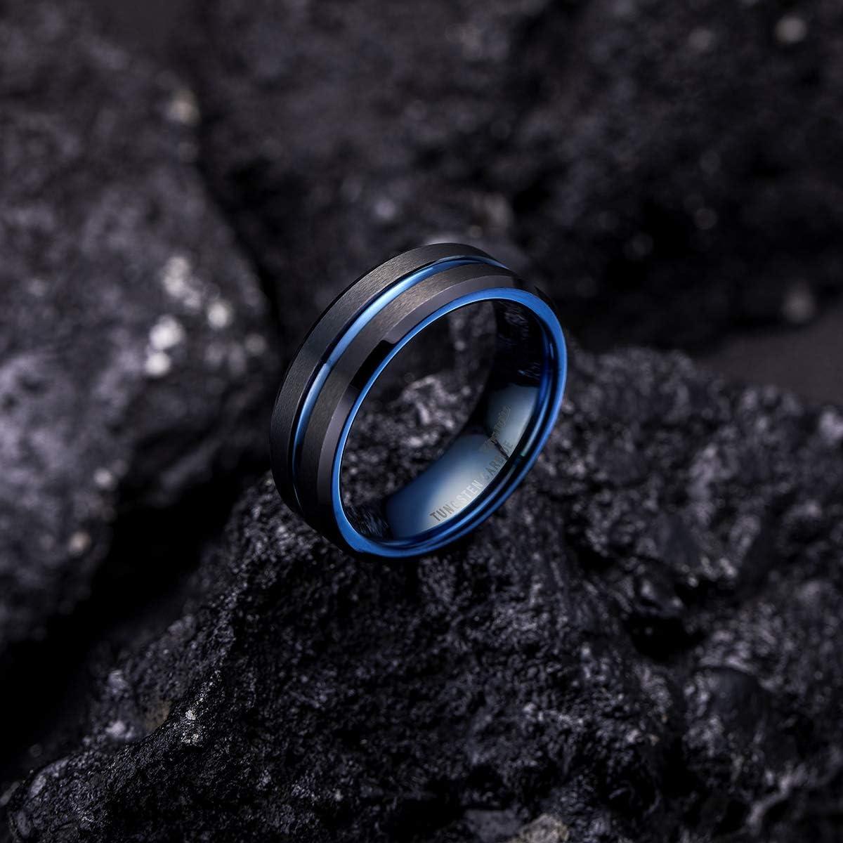 imageKing Will Tungsten Rings for Men Two Tone Grooved Mens Wedding Band Cool Promise Engagement Matte Finished Beveled EdgeBlack Blue 7mm