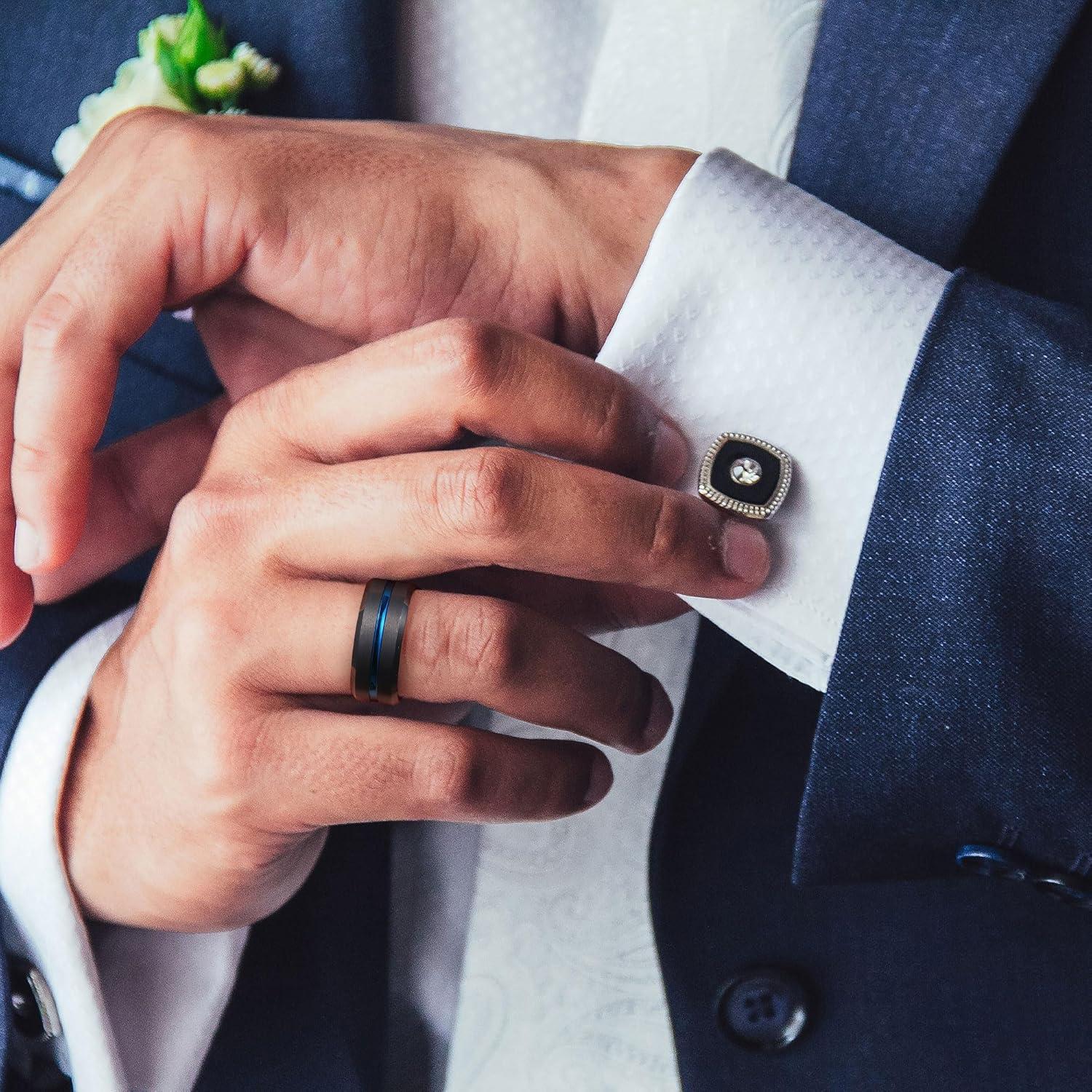 imageKing Will Tungsten Rings for Men Two Tone Grooved Mens Wedding Band Cool Promise Engagement Matte Finished Beveled EdgeBlack Blue 8mm I Love You