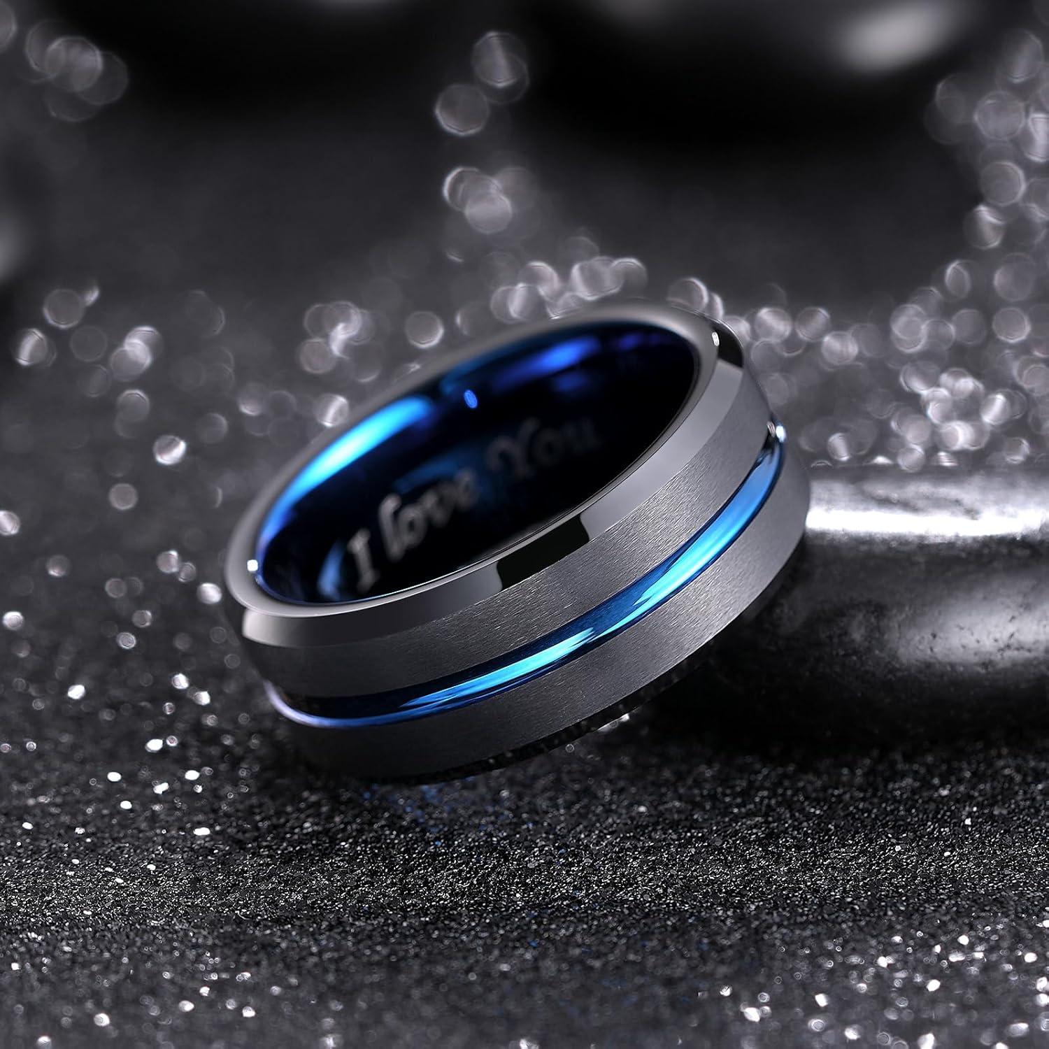 imageKing Will Tungsten Rings for Men Two Tone Grooved Mens Wedding Band Cool Promise Engagement Matte Finished Beveled EdgeBlack Blue 8mm I Love You
