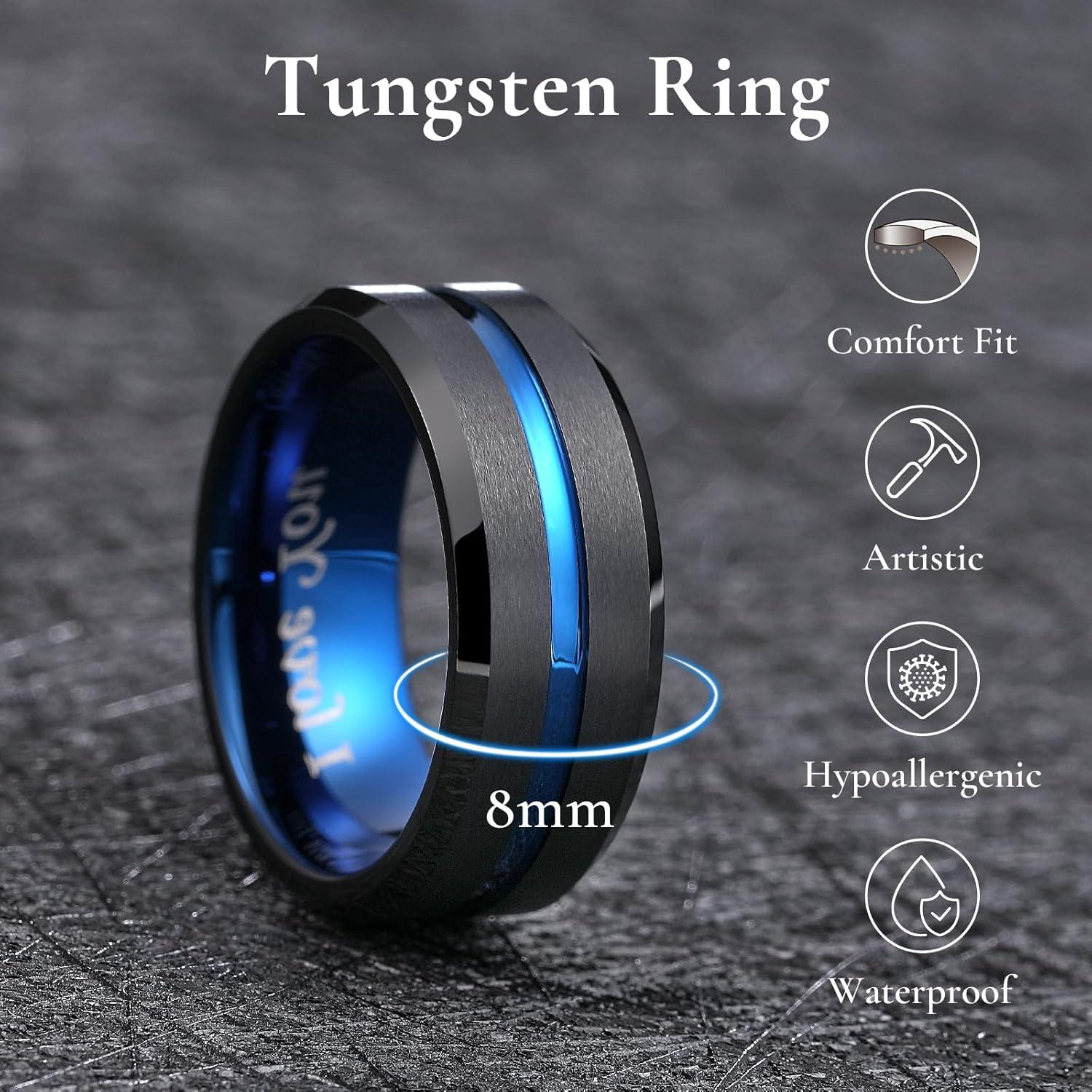 imageKing Will Tungsten Rings for Men Two Tone Grooved Mens Wedding Band Cool Promise Engagement Matte Finished Beveled EdgeBlack Blue 8mm I Love You