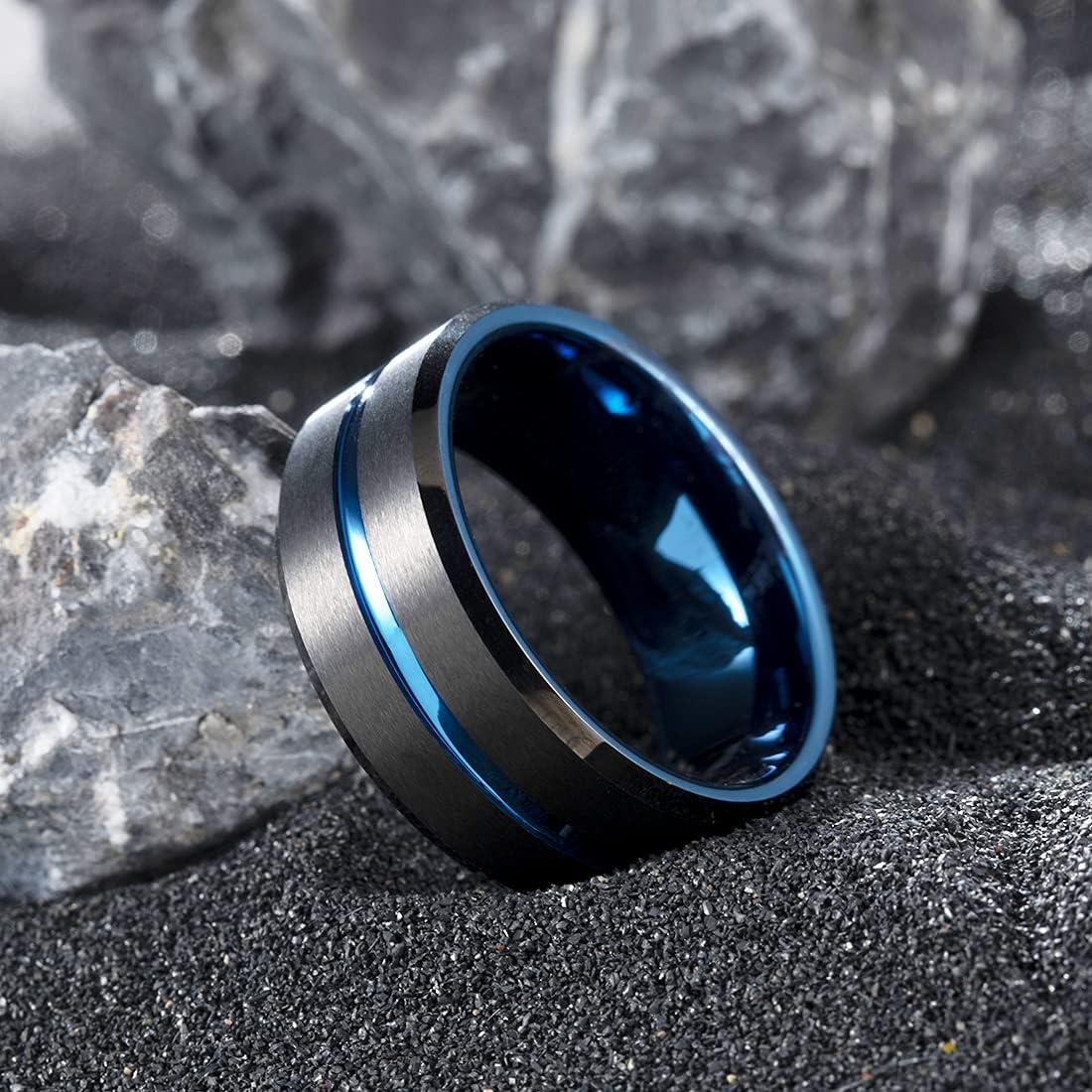 imageKing Will Tungsten Rings for Men Two Tone Grooved Mens Wedding Band Cool Promise Engagement Matte Finished Beveled EdgeBlack Blue 8mm