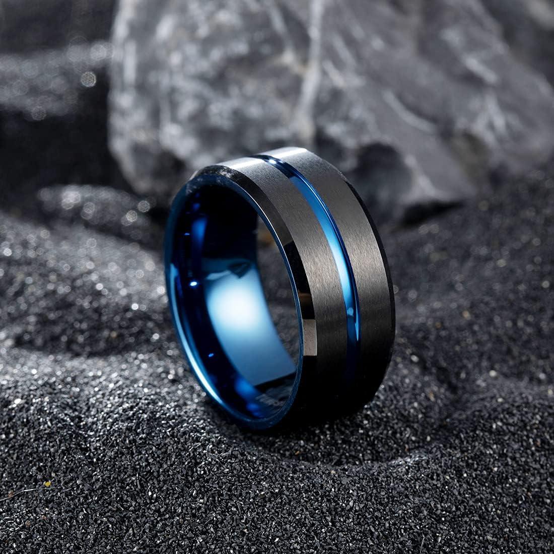 imageKing Will Tungsten Rings for Men Two Tone Grooved Mens Wedding Band Cool Promise Engagement Matte Finished Beveled EdgeBlack Blue 8mm