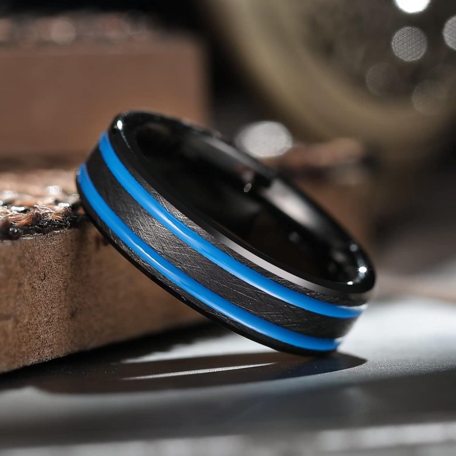 imageKing Will Tungsten Rings for Men Two Tone Grooved Mens Wedding Band Cool Promise Engagement Matte Finished Beveled EdgeBlack Blue Two Groove 6mm