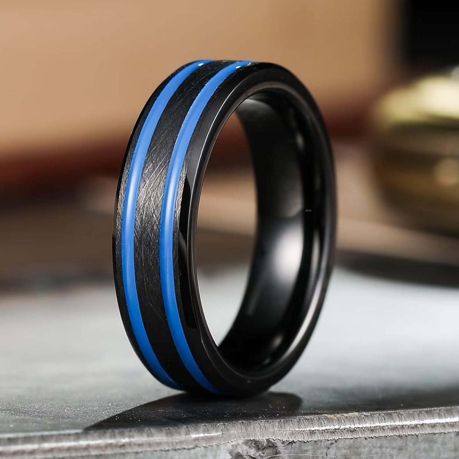 imageKing Will Tungsten Rings for Men Two Tone Grooved Mens Wedding Band Cool Promise Engagement Matte Finished Beveled EdgeBlack Blue Two Groove 6mm