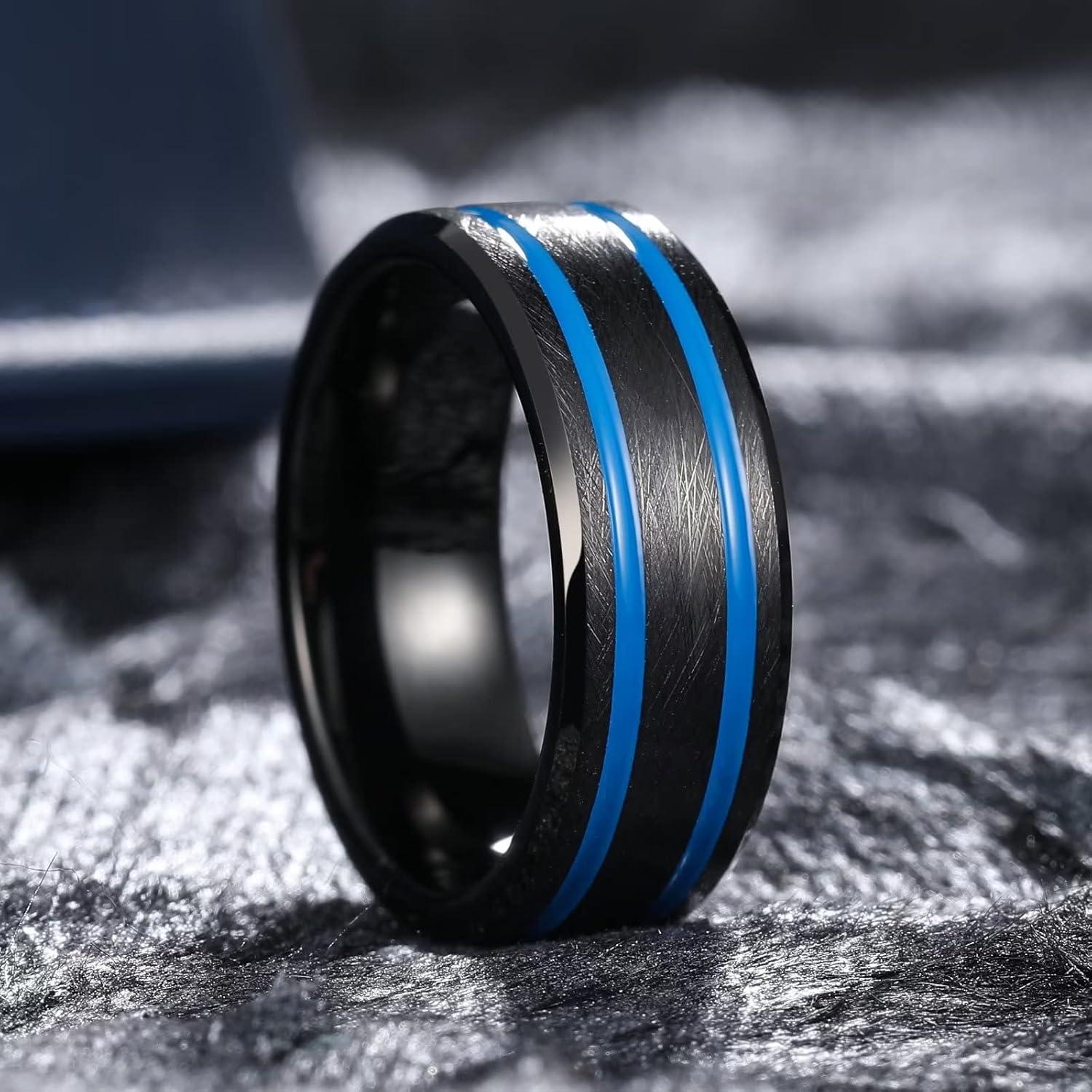 imageKing Will Tungsten Rings for Men Two Tone Grooved Mens Wedding Band Cool Promise Engagement Matte Finished Beveled EdgeBlack Blue Two Groove 8mm