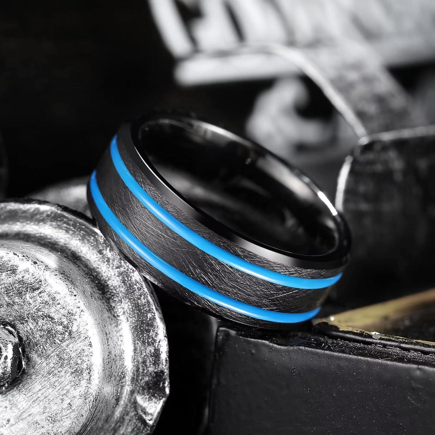 imageKing Will Tungsten Rings for Men Two Tone Grooved Mens Wedding Band Cool Promise Engagement Matte Finished Beveled EdgeBlack Blue Two Groove 8mm