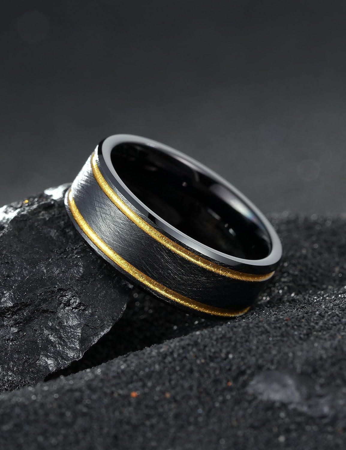 imageKing Will Tungsten Rings for Men Two Tone Grooved Mens Wedding Band Cool Promise Engagement Matte Finished Beveled EdgeBlack Gold Two Groove