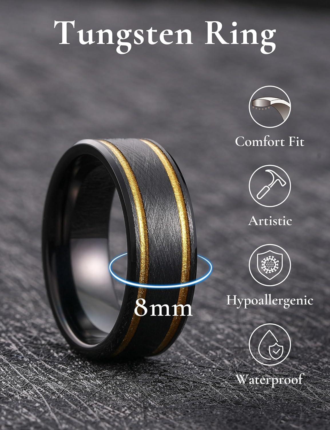 imageKing Will Tungsten Rings for Men Two Tone Grooved Mens Wedding Band Cool Promise Engagement Matte Finished Beveled EdgeBlack Gold Two Groove