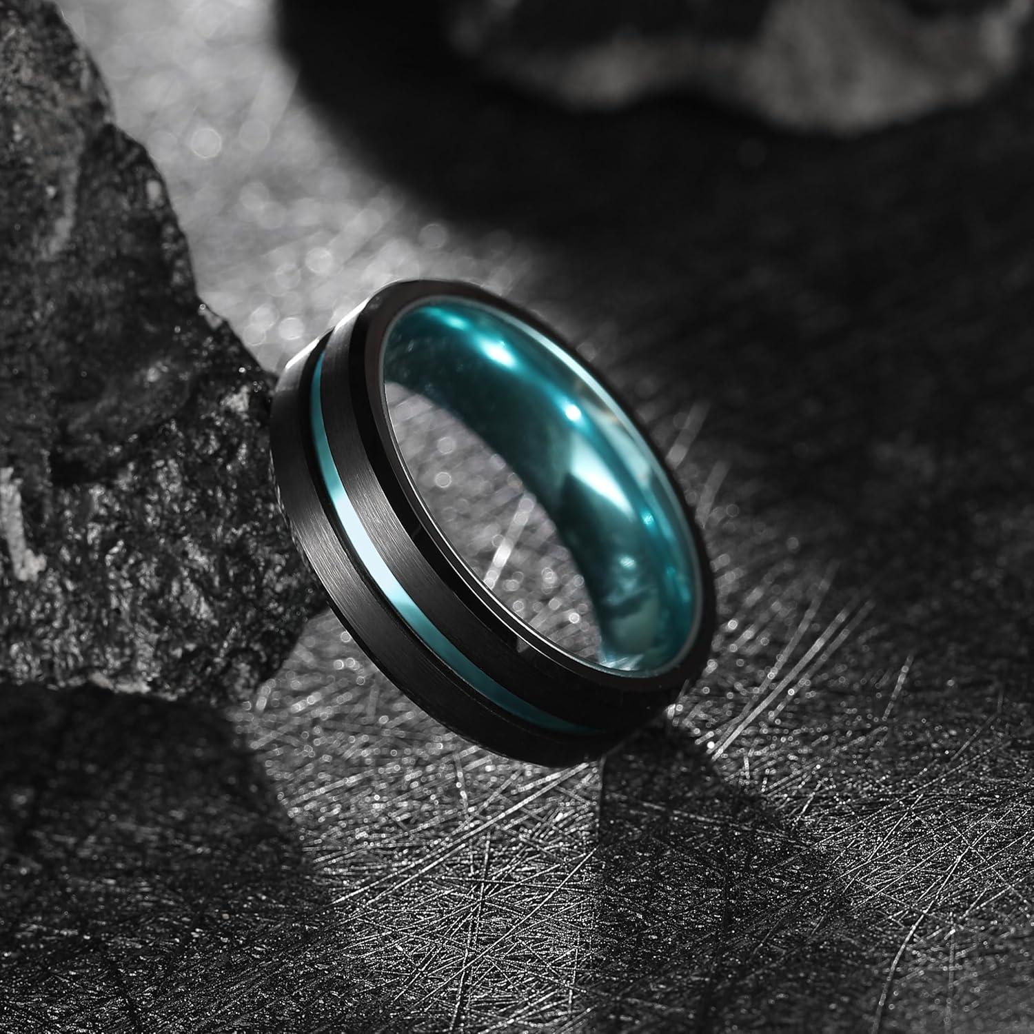 imageKing Will Tungsten Rings for Men Two Tone Grooved Mens Wedding Band Cool Promise Engagement Matte Finished Beveled EdgeBlack IceBlue 7mm