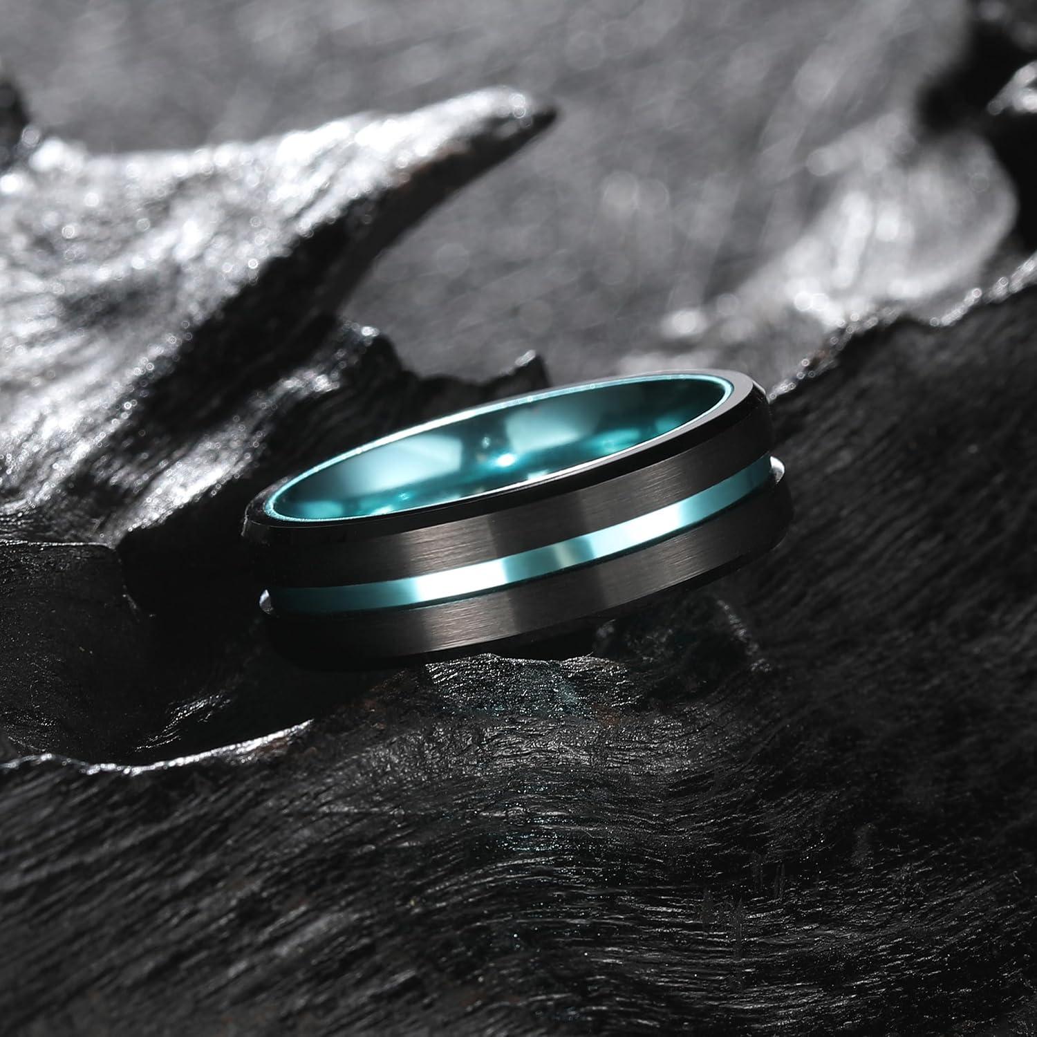 imageKing Will Tungsten Rings for Men Two Tone Grooved Mens Wedding Band Cool Promise Engagement Matte Finished Beveled EdgeBlack IceBlue 7mm