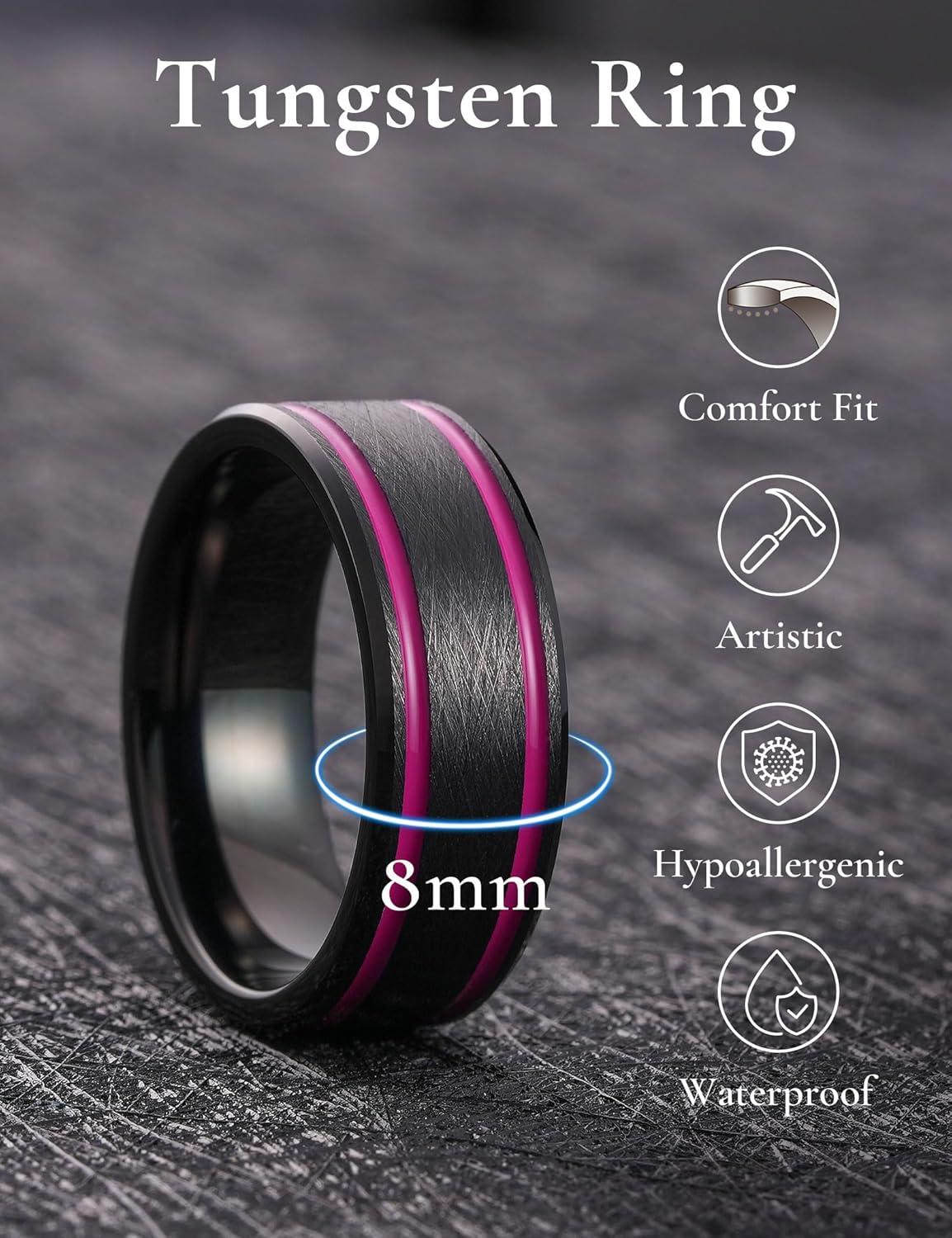 imageKing Will Tungsten Rings for Men Two Tone Grooved Mens Wedding Band Cool Promise Engagement Matte Finished Beveled EdgeBlack Purple Two Groove