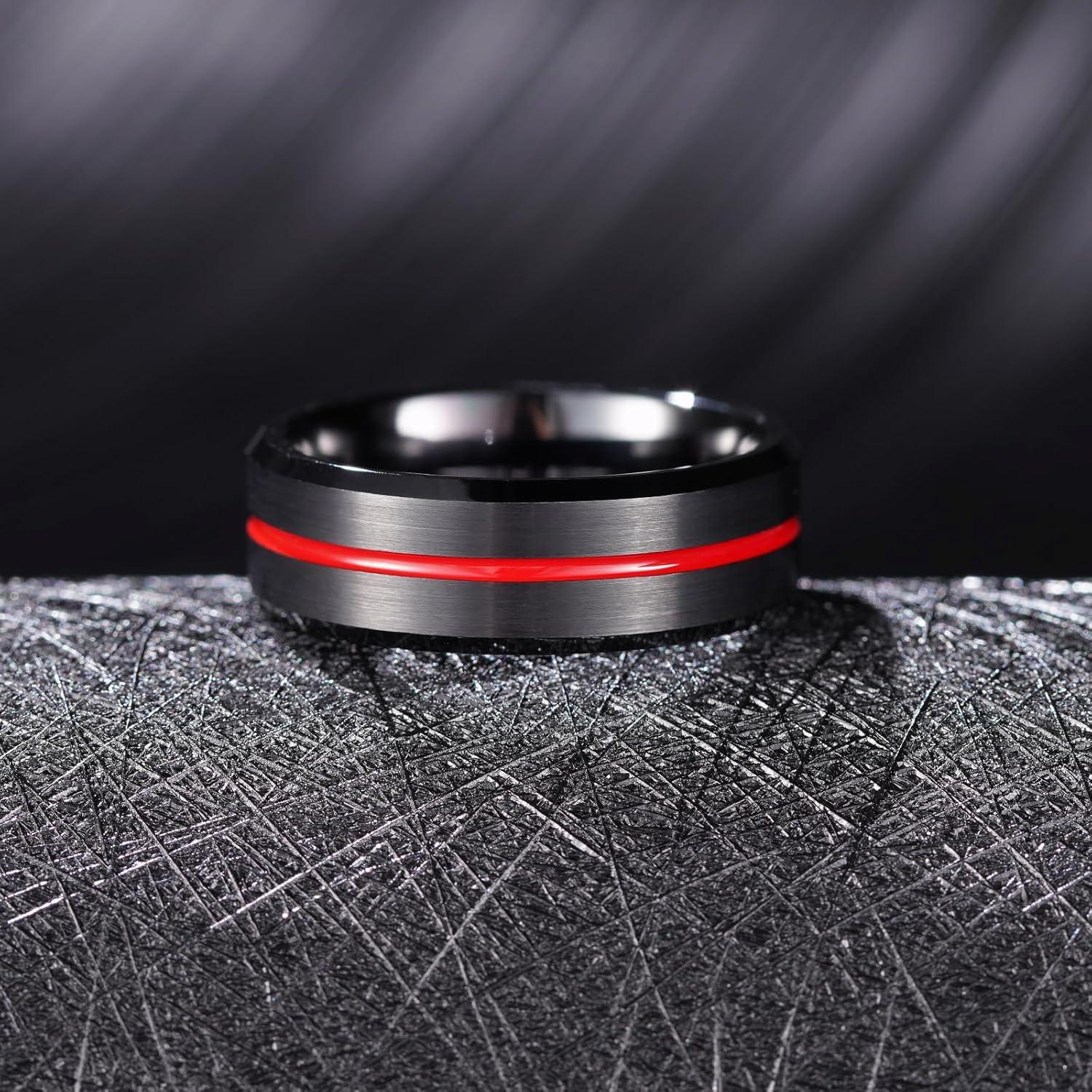 imageKing Will Tungsten Rings for Men Two Tone Grooved Mens Wedding Band Cool Promise Engagement Matte Finished Beveled EdgeBlack Red