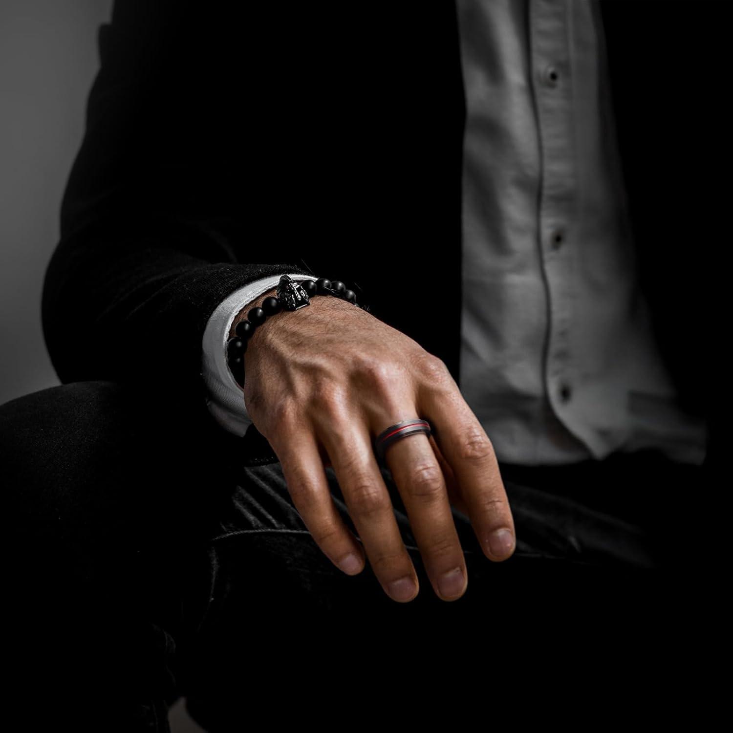 imageKing Will Tungsten Rings for Men Two Tone Grooved Mens Wedding Band Cool Promise Engagement Matte Finished Beveled EdgeBlack Red 6mm