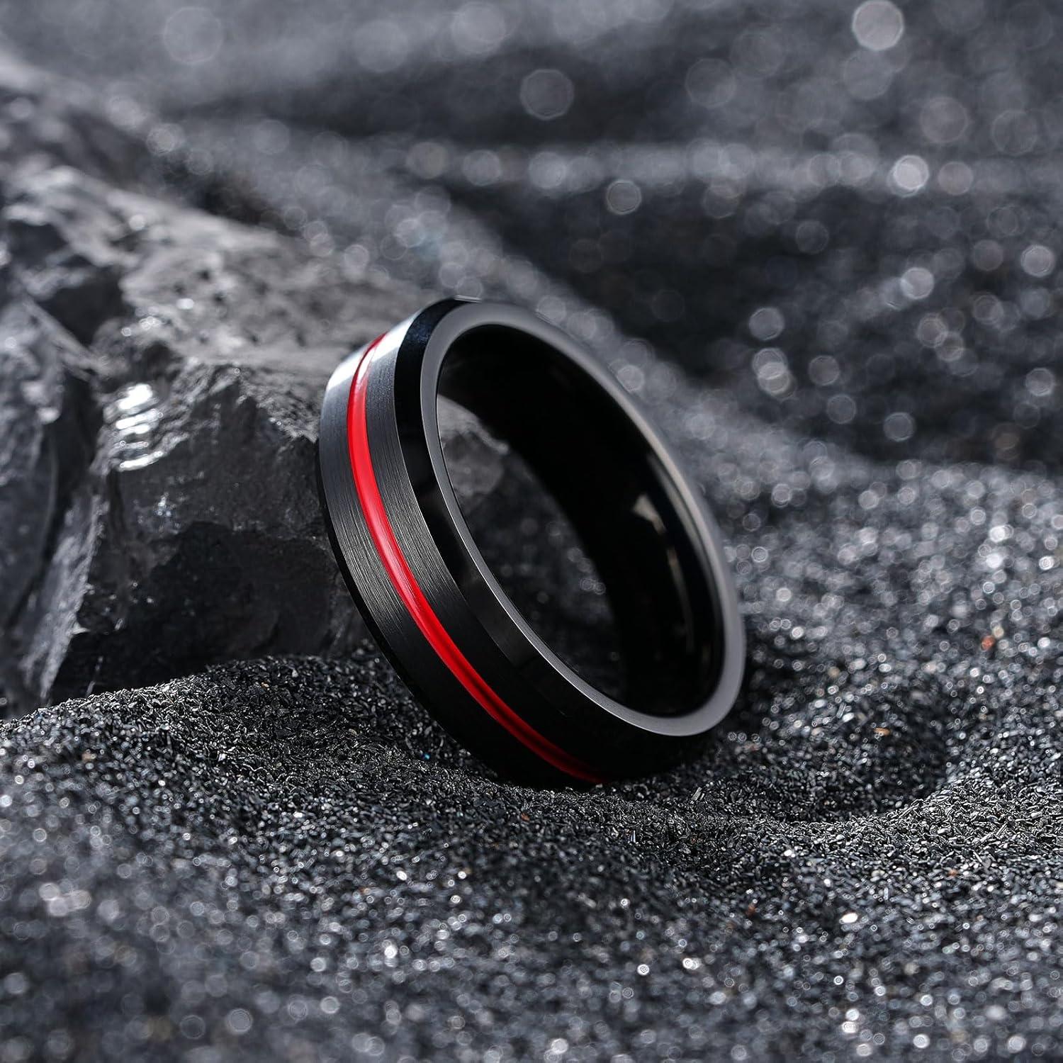 imageKing Will Tungsten Rings for Men Two Tone Grooved Mens Wedding Band Cool Promise Engagement Matte Finished Beveled EdgeBlack Red 6mm