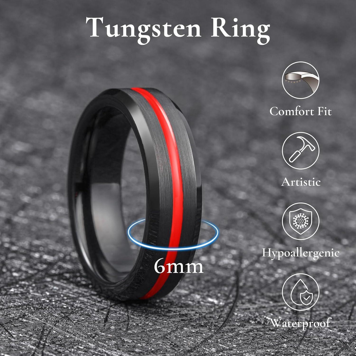 imageKing Will Tungsten Rings for Men Two Tone Grooved Mens Wedding Band Cool Promise Engagement Matte Finished Beveled EdgeBlack Red 6mm