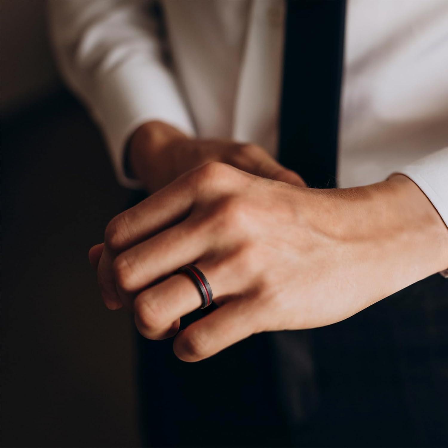 imageKing Will Tungsten Rings for Men Two Tone Grooved Mens Wedding Band Cool Promise Engagement Matte Finished Beveled EdgeBlack Red