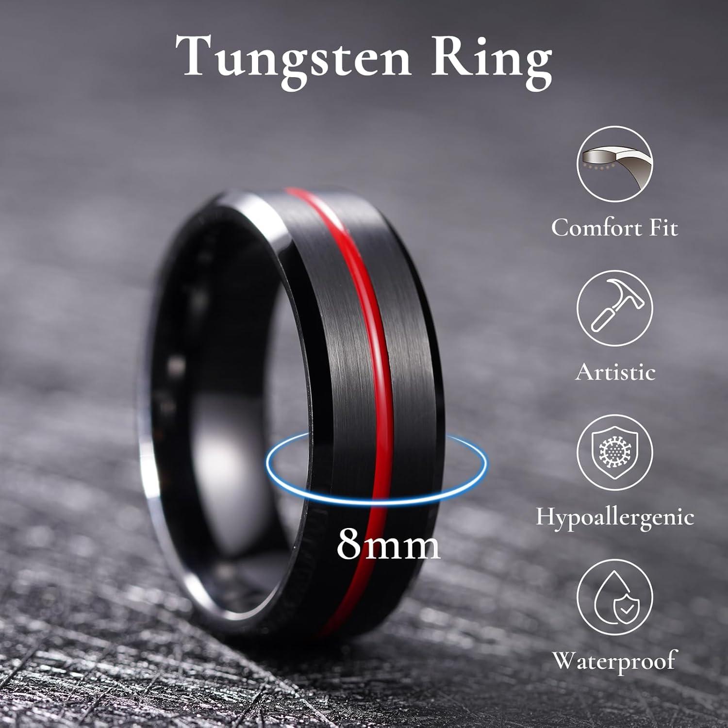 imageKing Will Tungsten Rings for Men Two Tone Grooved Mens Wedding Band Cool Promise Engagement Matte Finished Beveled EdgeBlack Red
