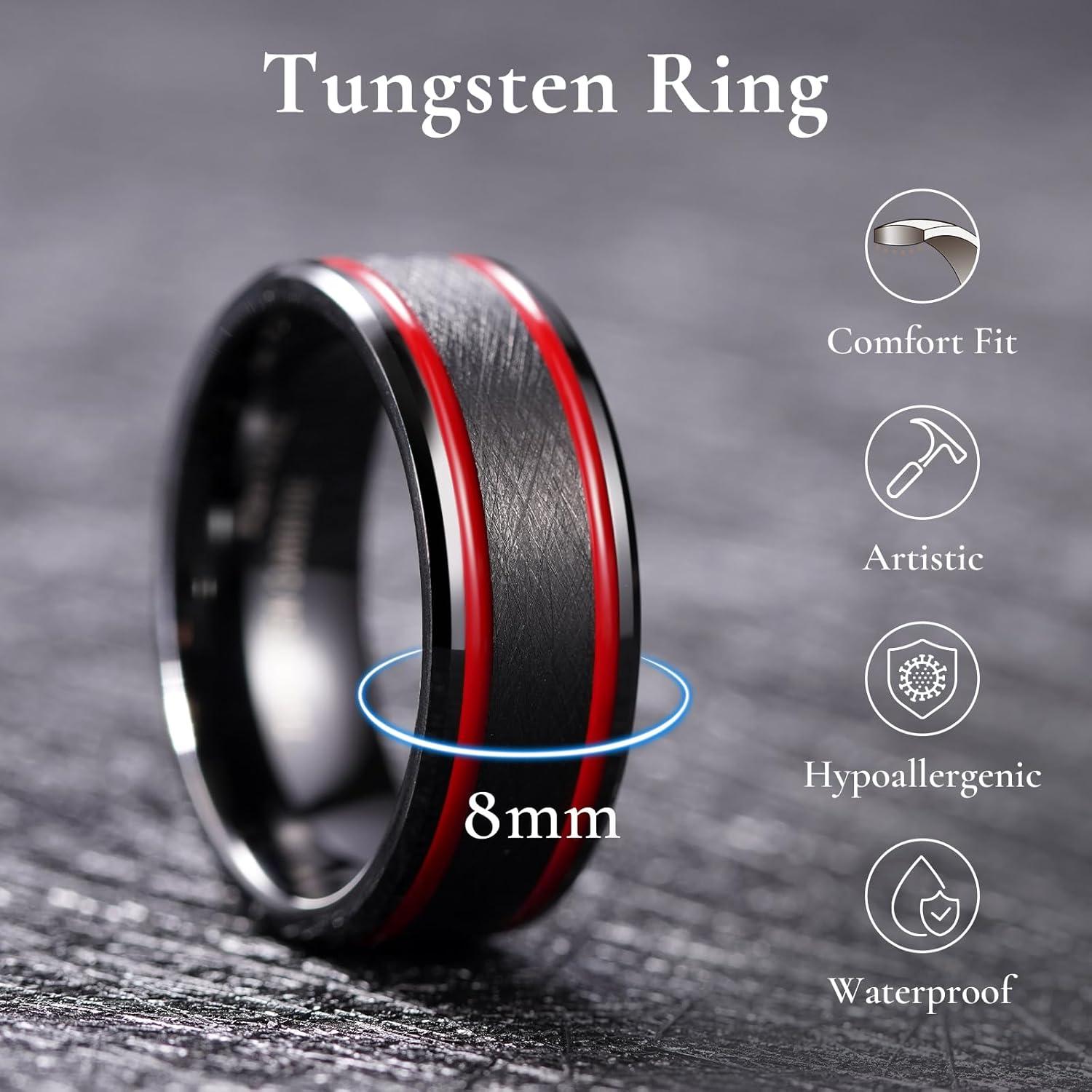imageKing Will Tungsten Rings for Men Two Tone Grooved Mens Wedding Band Cool Promise Engagement Matte Finished Beveled EdgeBlack Red Two Groove