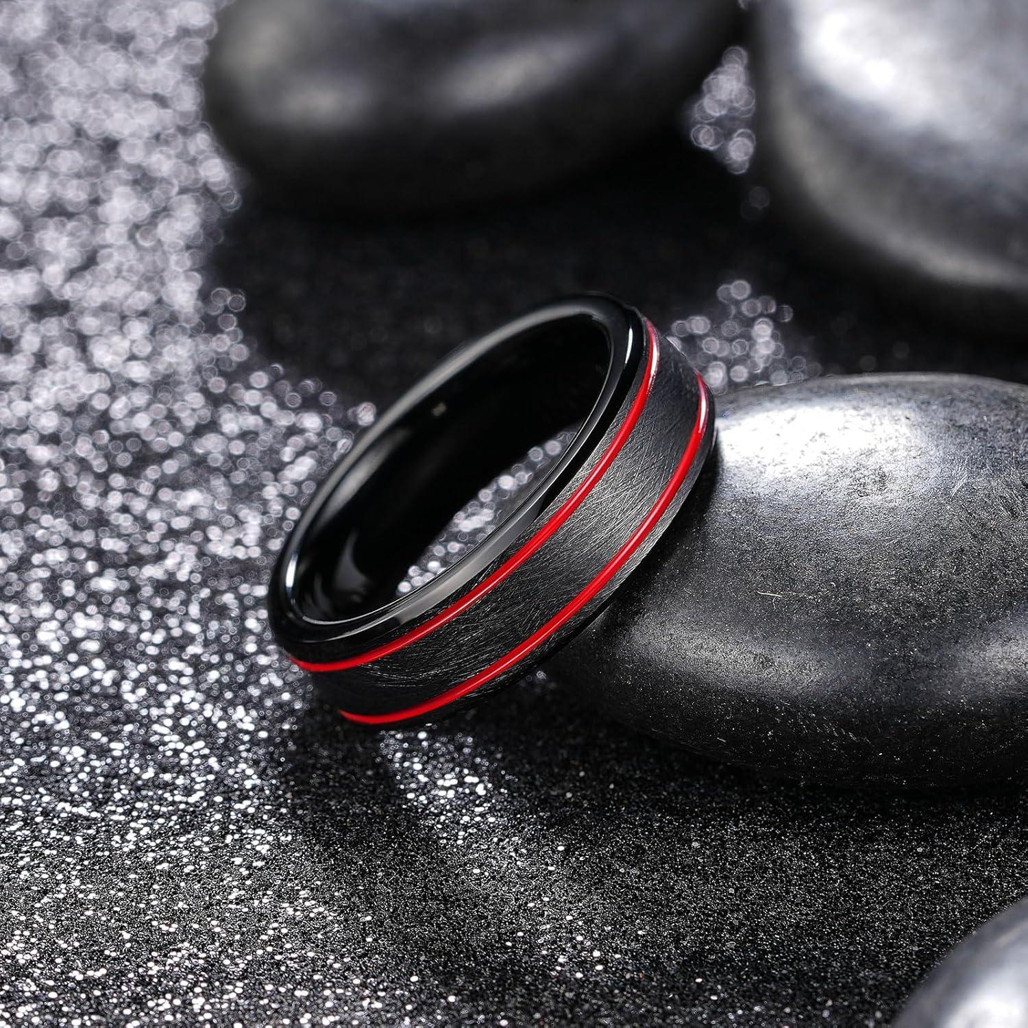 imageKing Will Tungsten Rings for Men Two Tone Grooved Mens Wedding Band Cool Promise Engagement Matte Finished Beveled EdgeBlack Red Two Groove 6mm