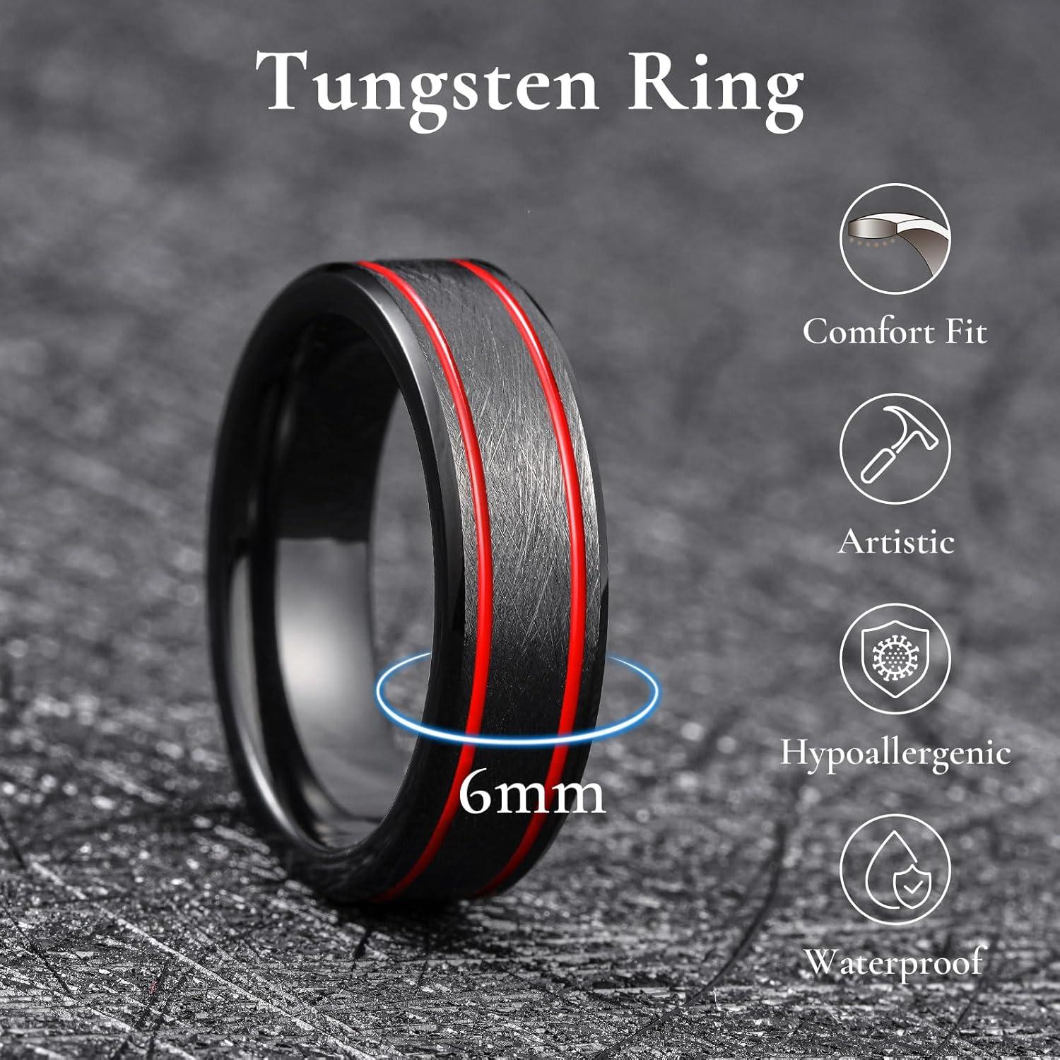 imageKing Will Tungsten Rings for Men Two Tone Grooved Mens Wedding Band Cool Promise Engagement Matte Finished Beveled EdgeBlack Red Two Groove 6mm