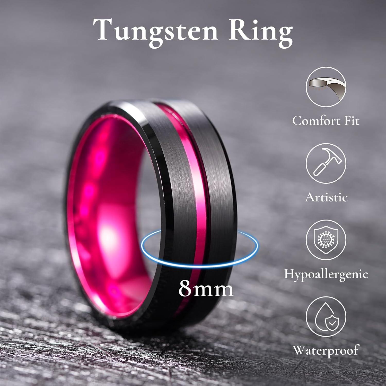 imageKing Will Tungsten Rings for Men Two Tone Grooved Mens Wedding Band Cool Promise Engagement Matte Finished Beveled EdgePink