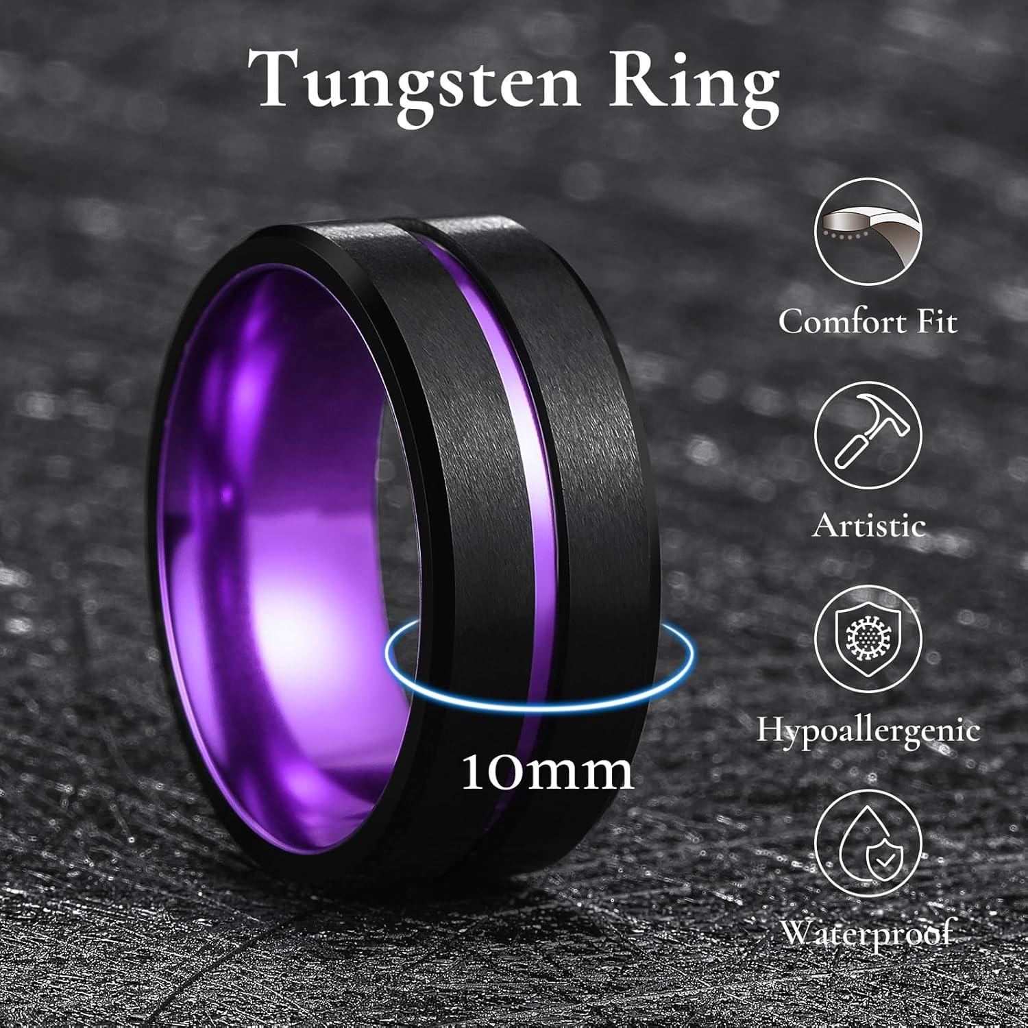 imageKing Will Tungsten Rings for Men Two Tone Grooved Mens Wedding Band Cool Promise Engagement Matte Finished Beveled EdgePurple 10mm