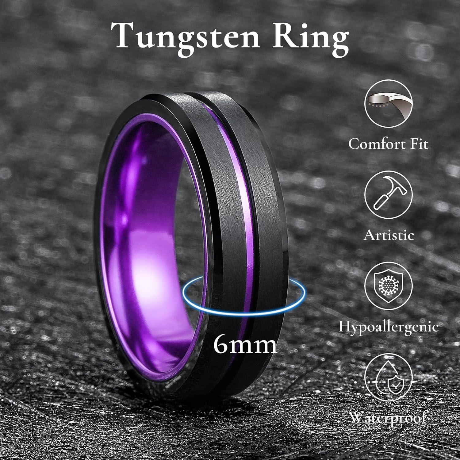imageKing Will Tungsten Rings for Men Two Tone Grooved Mens Wedding Band Cool Promise Engagement Matte Finished Beveled EdgePurple 6mm