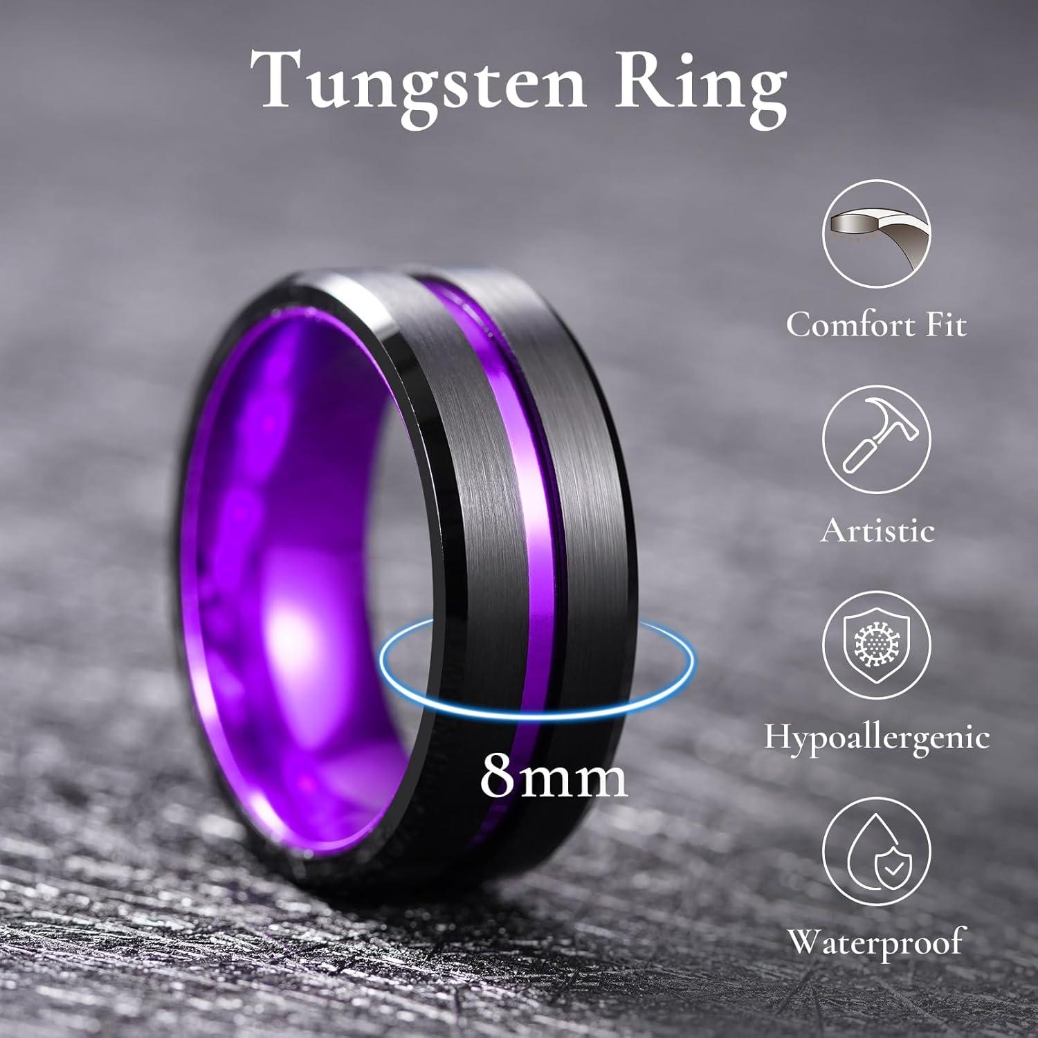 imageKing Will Tungsten Rings for Men Two Tone Grooved Mens Wedding Band Cool Promise Engagement Matte Finished Beveled EdgePurple 8mm