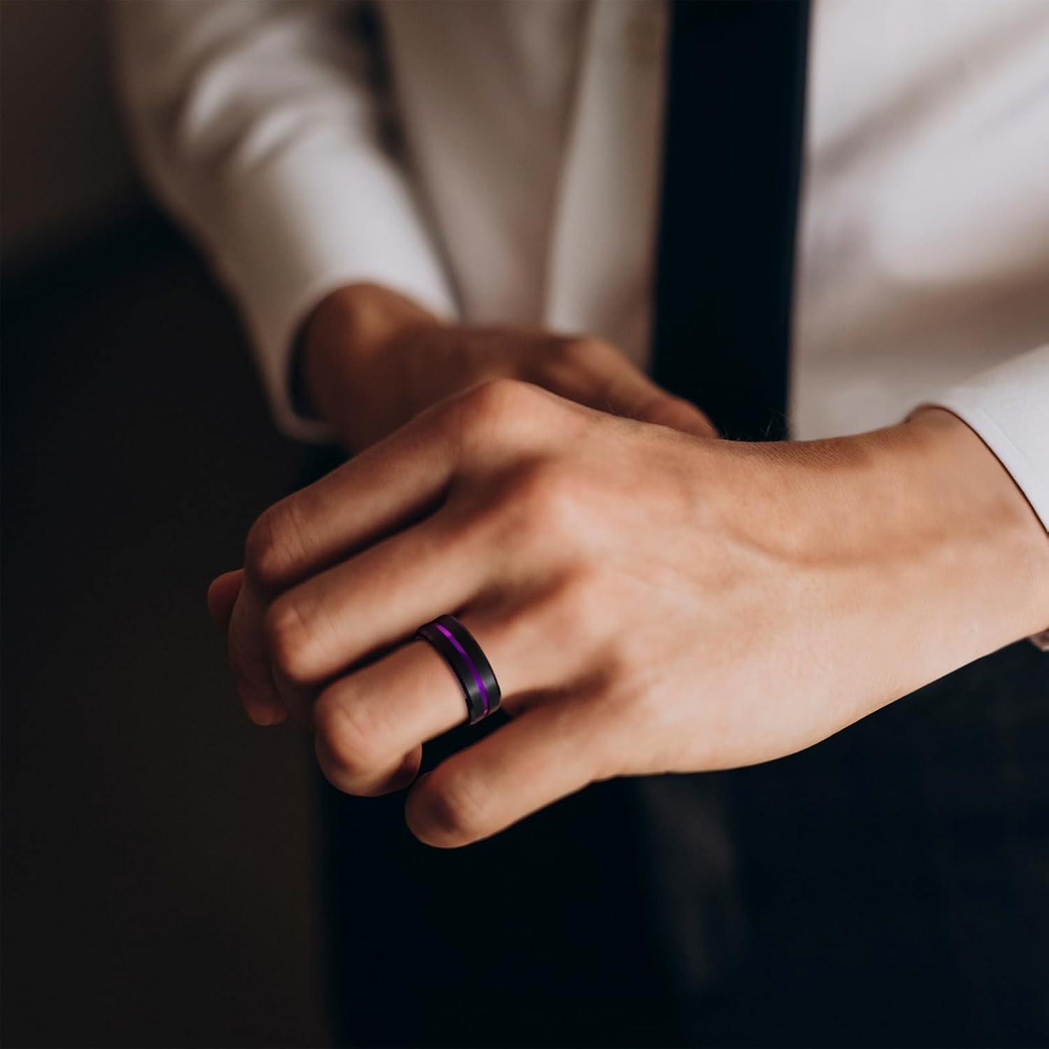 imageKing Will Tungsten Rings for Men Two Tone Grooved Mens Wedding Band Cool Promise Engagement Matte Finished Beveled EdgePurple 8mm