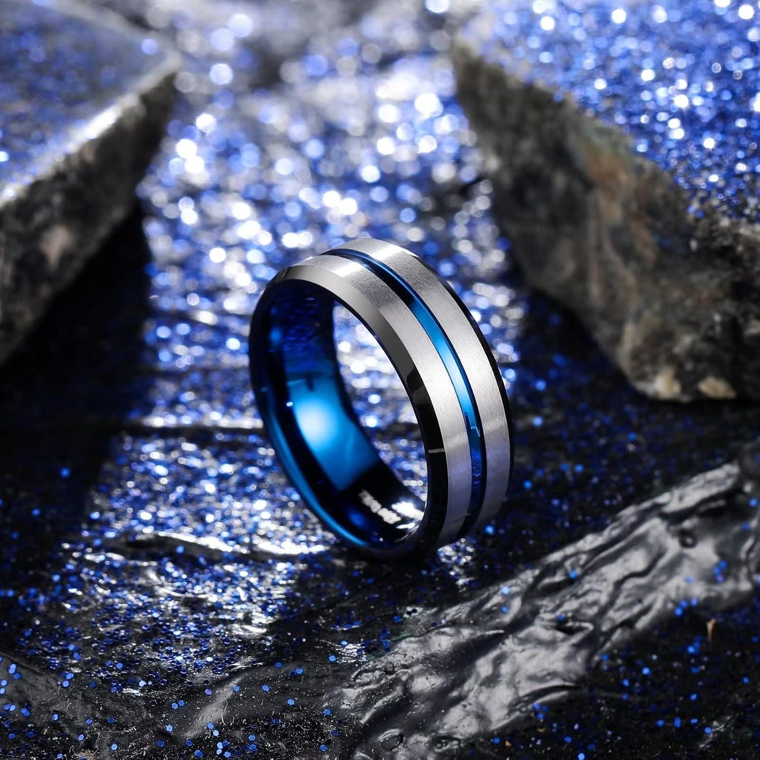 imageKing Will Tungsten Rings for Men Two Tone Grooved Mens Wedding Band Cool Promise Engagement Matte Finished Beveled EdgeSilver Azure
