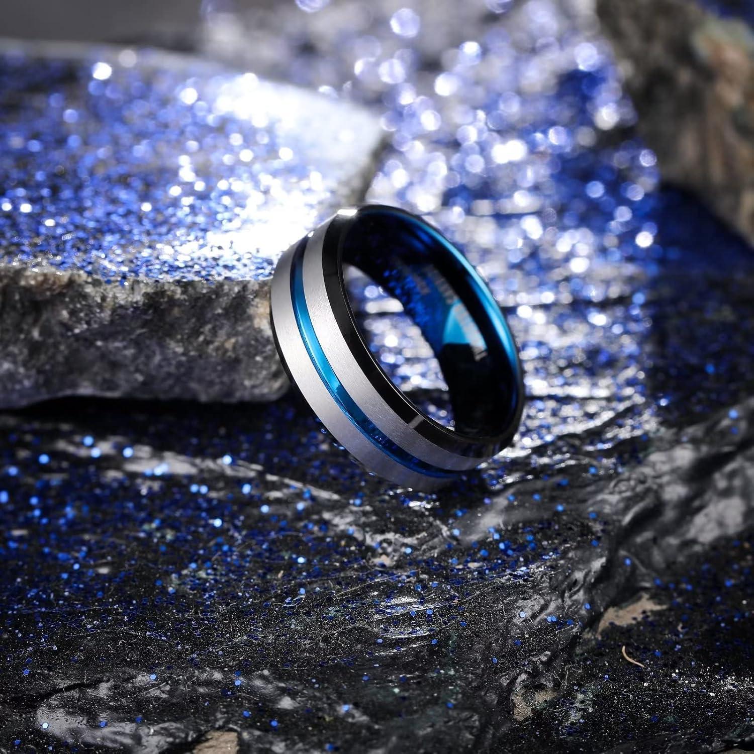 imageKing Will Tungsten Rings for Men Two Tone Grooved Mens Wedding Band Cool Promise Engagement Matte Finished Beveled EdgeSilver Azure