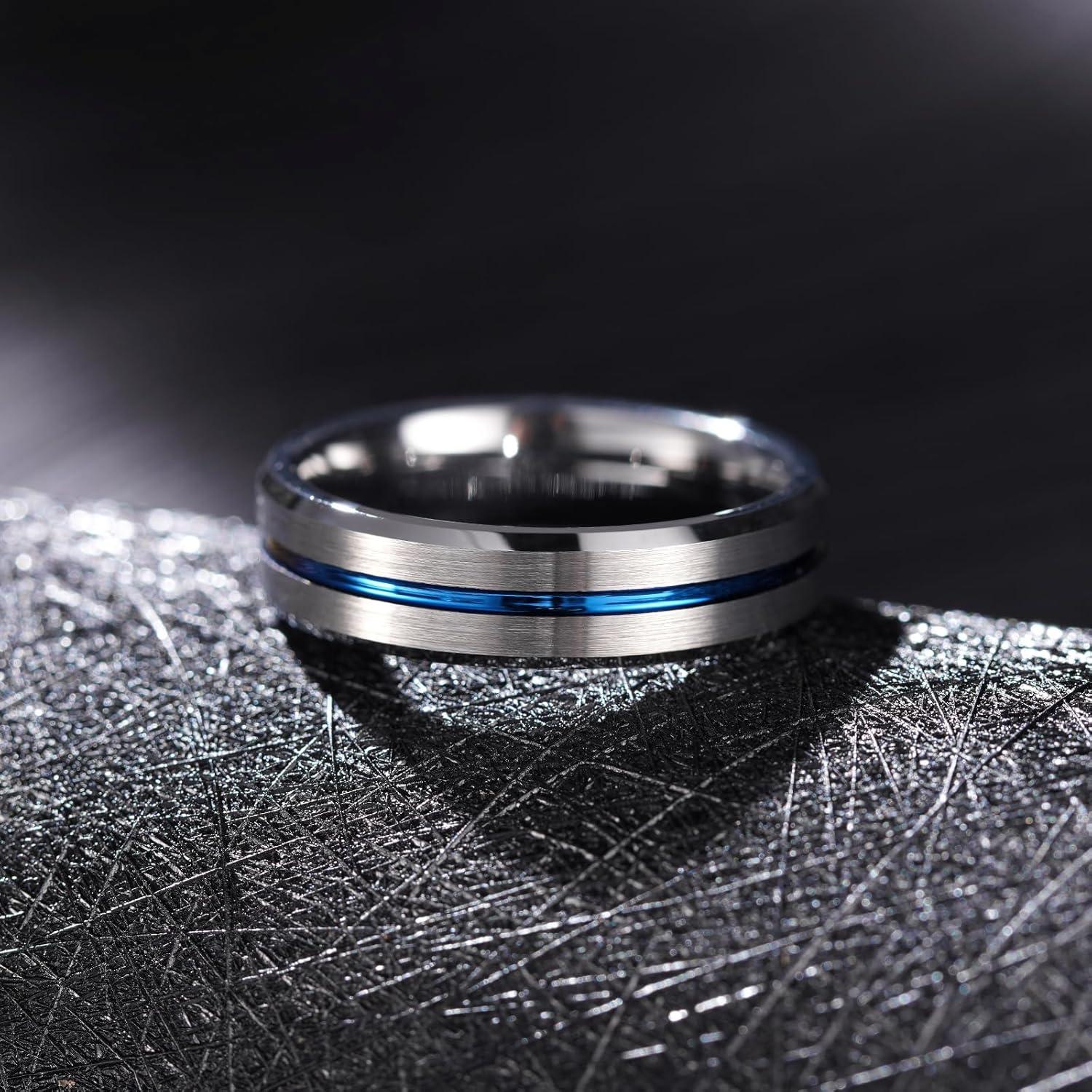 imageKing Will Tungsten Rings for Men Two Tone Grooved Mens Wedding Band Cool Promise Engagement Matte Finished Beveled EdgeSilver Blue 6mm