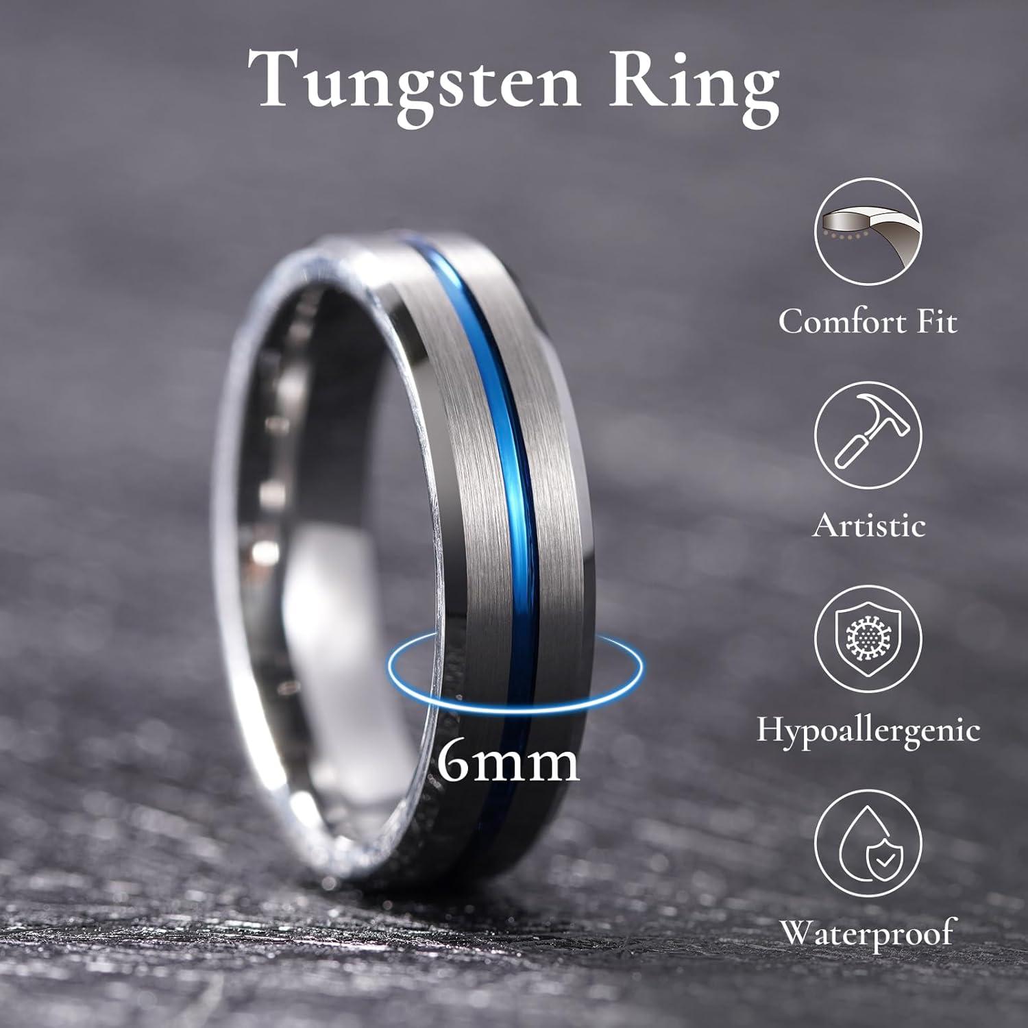 imageKing Will Tungsten Rings for Men Two Tone Grooved Mens Wedding Band Cool Promise Engagement Matte Finished Beveled EdgeSilver Blue 6mm