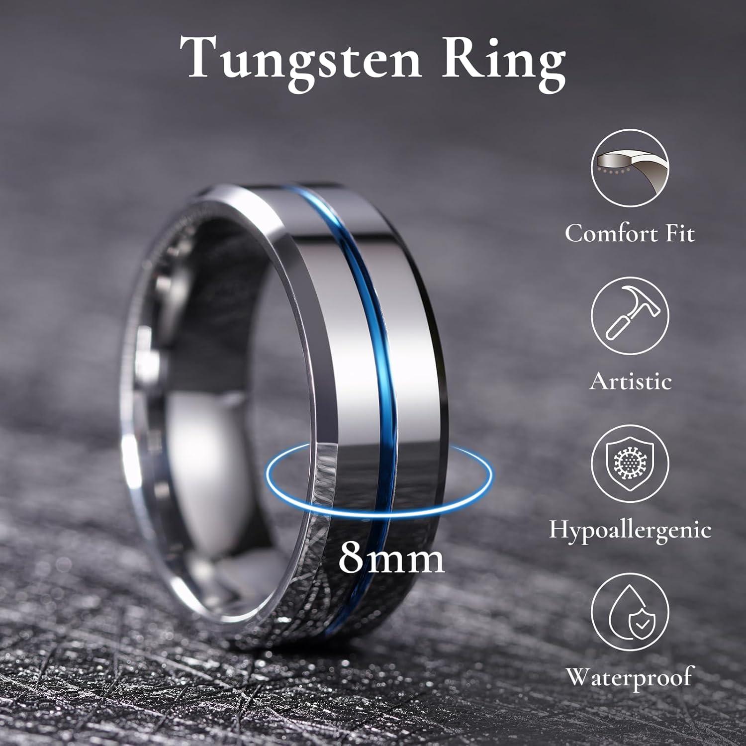 imageKing Will Tungsten Rings for Men Two Tone Grooved Mens Wedding Band Cool Promise Engagement Matte Finished Beveled EdgeSilver Blue 8mm