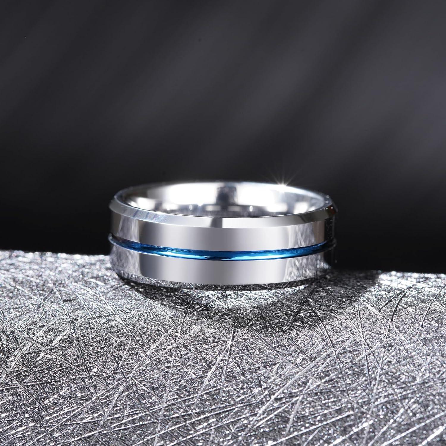 imageKing Will Tungsten Rings for Men Two Tone Grooved Mens Wedding Band Cool Promise Engagement Matte Finished Beveled EdgeSilver Blue 8mm