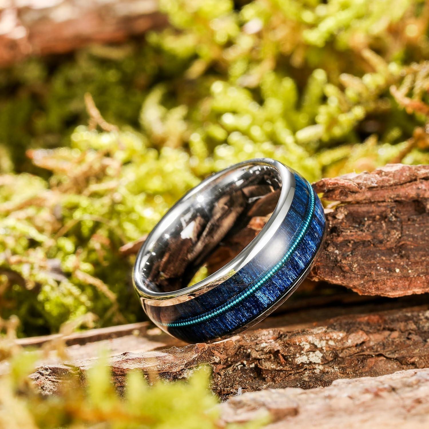 imageKing Will Tungsten Wedding Band for Men 8mm Domed Ring ArrowGuitar String Inlay Promise Ring for Him Comfort FitABlue Silver