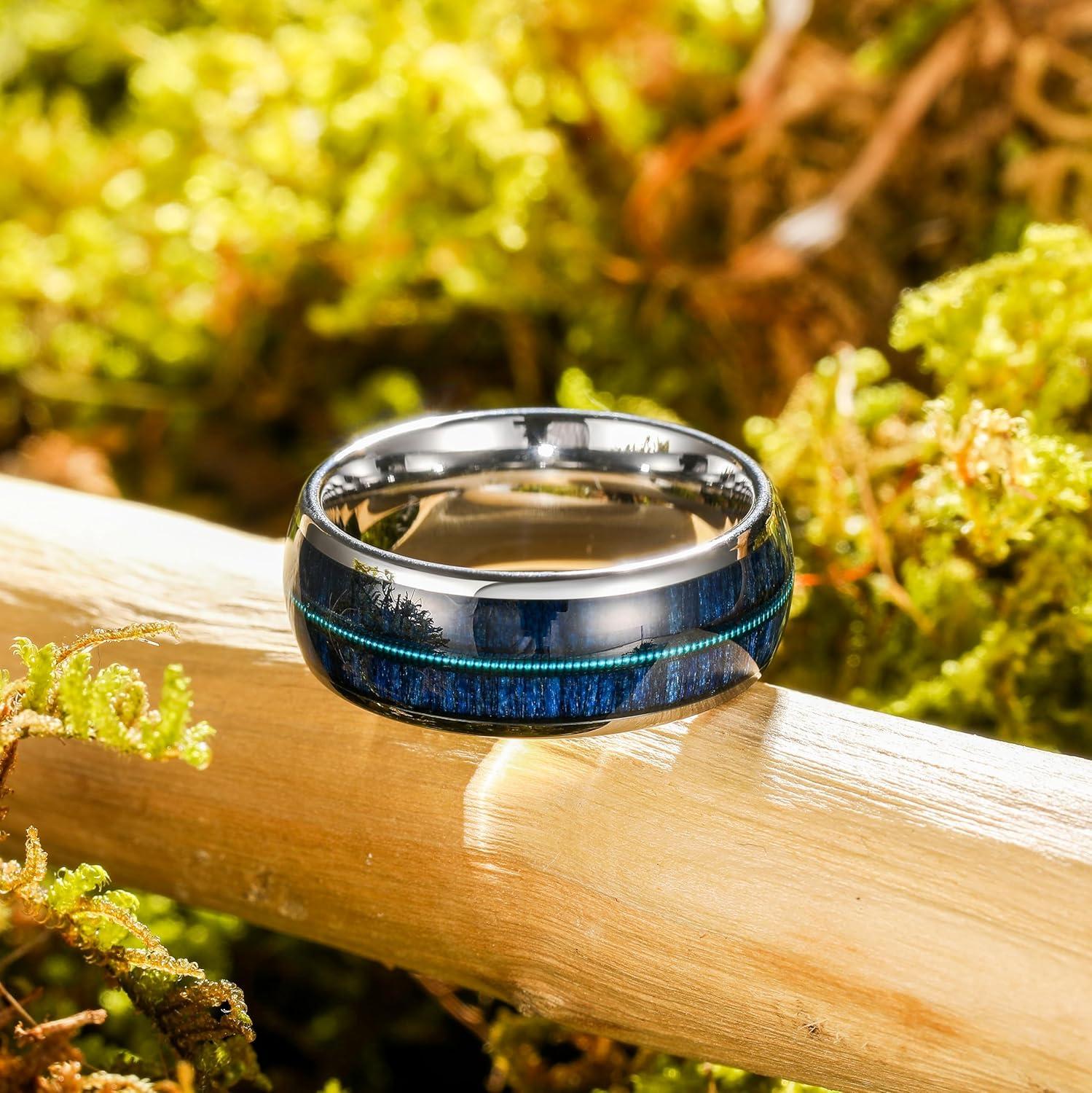 imageKing Will Tungsten Wedding Band for Men 8mm Domed Ring ArrowGuitar String Inlay Promise Ring for Him Comfort FitABlue Silver