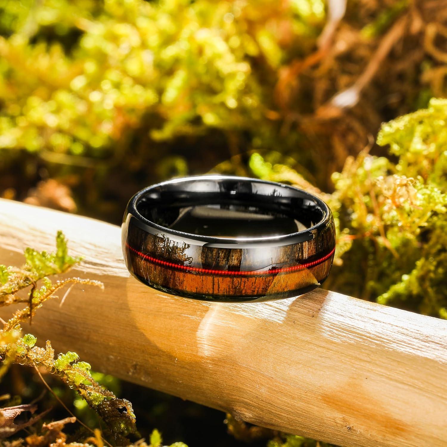 imageKing Will Tungsten Wedding Band for Men 8mm Domed Ring ArrowGuitar String Inlay Promise Ring for Him Comfort FitABrown Black