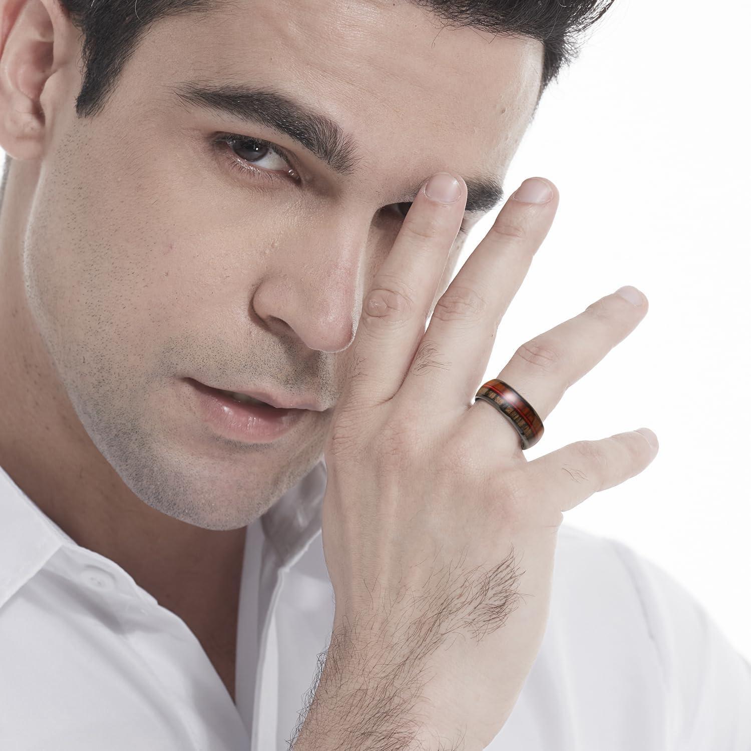 imageKing Will Tungsten Wedding Band for Men 8mm Domed Ring ArrowGuitar String Inlay Promise Ring for Him Comfort FitABrown Black