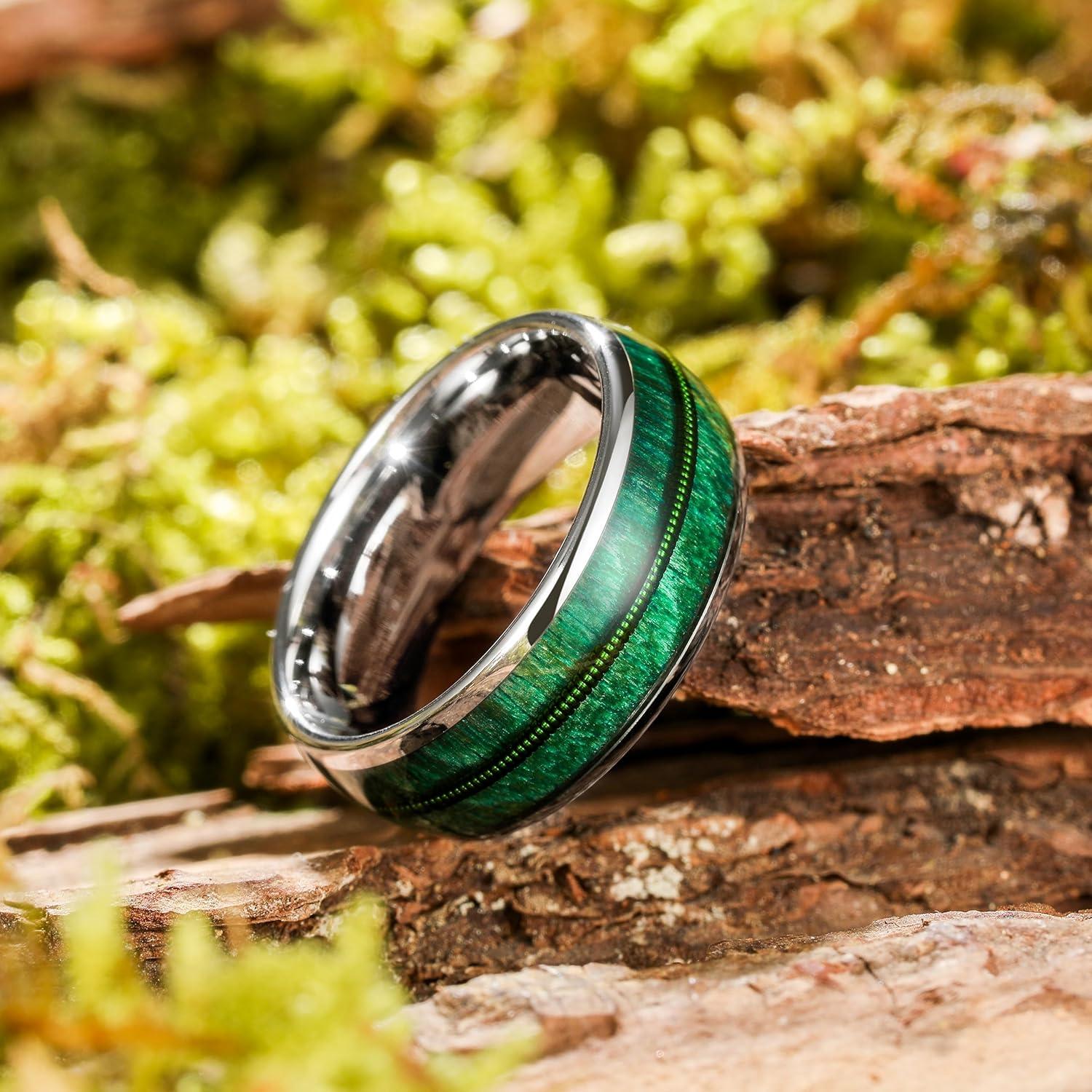 imageKing Will Tungsten Wedding Band for Men 8mm Domed Ring ArrowGuitar String Inlay Promise Ring for Him Comfort FitAGreen  Silver