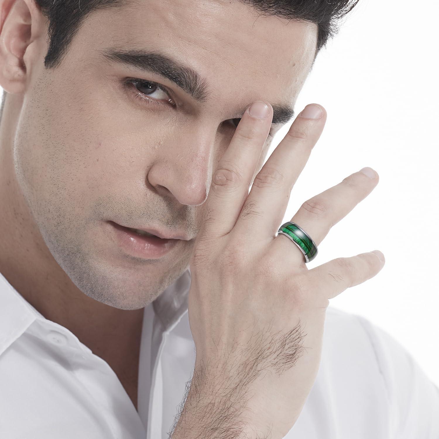 imageKing Will Tungsten Wedding Band for Men 8mm Domed Ring ArrowGuitar String Inlay Promise Ring for Him Comfort FitAGreen  Silver