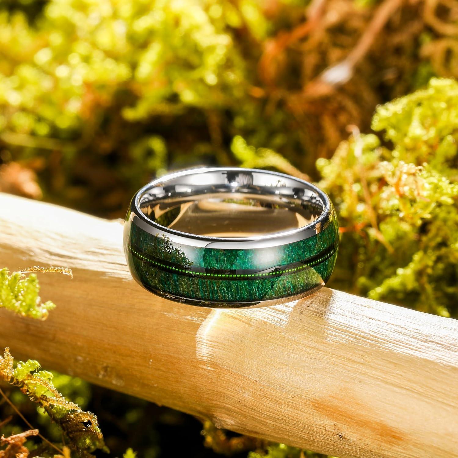 imageKing Will Tungsten Wedding Band for Men 8mm Domed Ring ArrowGuitar String Inlay Promise Ring for Him Comfort FitAGreen  Silver