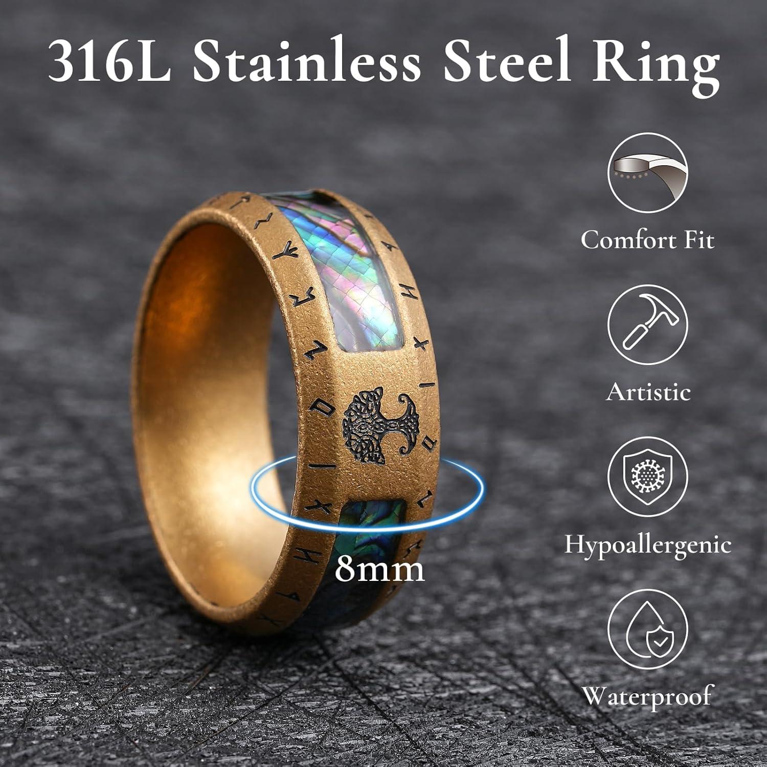 imageKing Will Viking Stainless Steel Wedding Band 8mm Men Ring with Tree of Life Rune Design and Abalone Shell Inlay in GreyGoldBlack Vintage FinishComfort Fit Size 714Gold