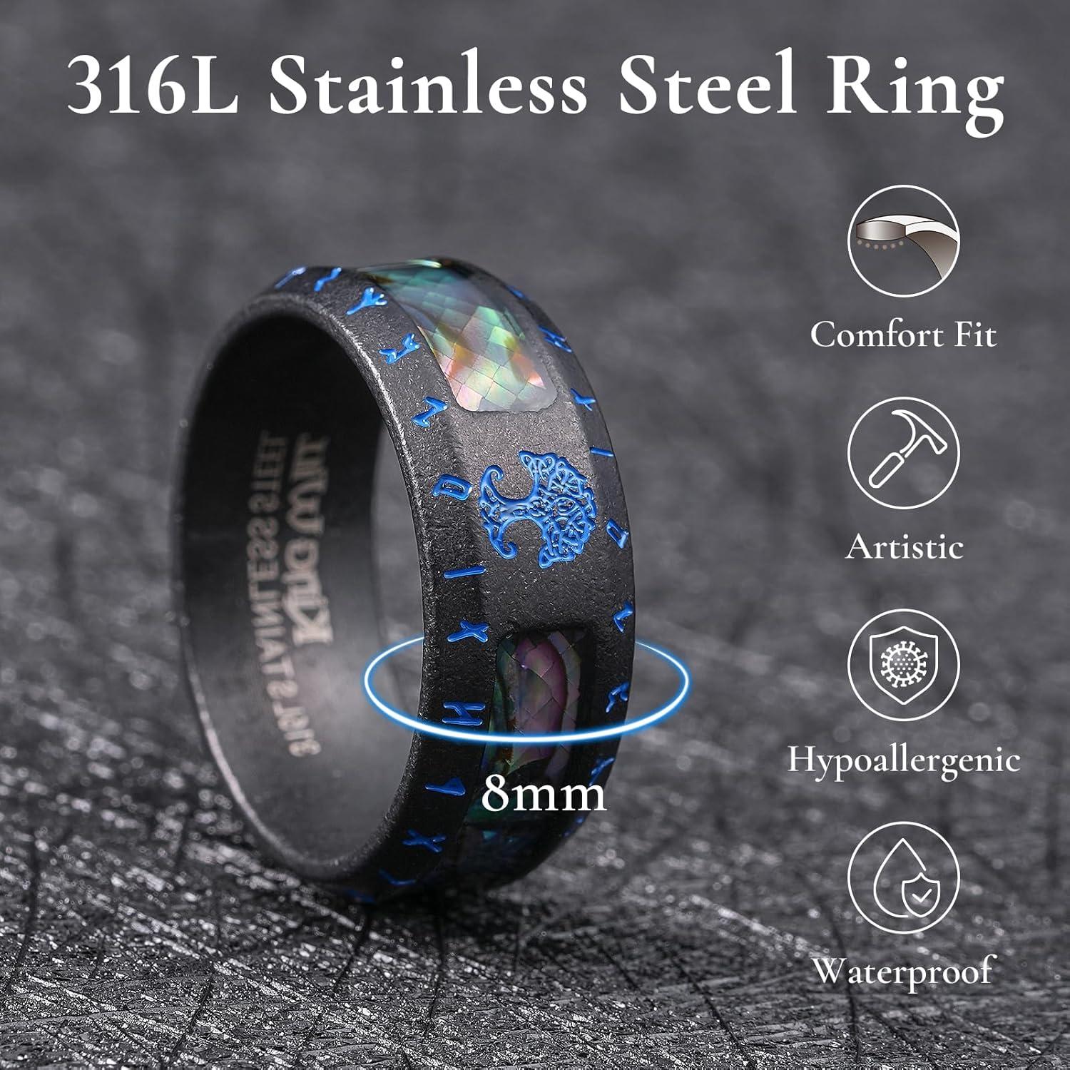imageKing Will Viking Stainless Steel Wedding Band 8mm Men Ring with Tree of Life Rune Design and Abalone Shell Inlay in GreyGoldBlack Vintage FinishComfort Fit Size 714CBlack