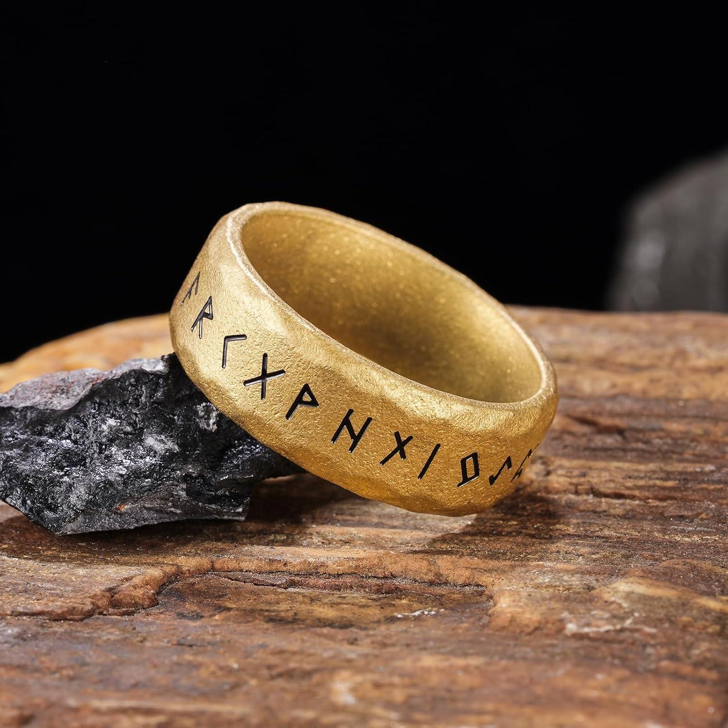 imageKing Will Viking Stainless Steel Wedding Band 8mm Men Ring with Tree of Life Rune Design and Abalone Shell Inlay in GreyGoldBlack Vintage FinishComfort Fit Size 714GoldRunesA