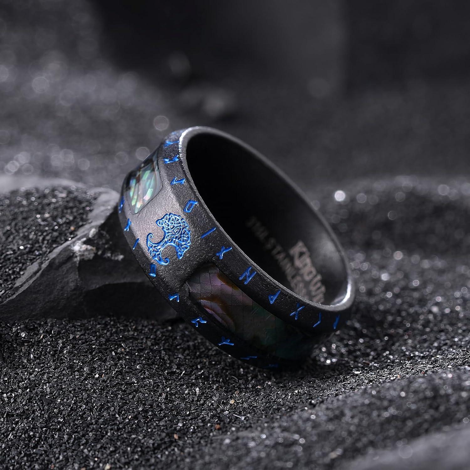 imageKing Will Viking Stainless Steel Wedding Band 8mm Men Ring with Tree of Life Rune Design and Abalone Shell Inlay in GreyGoldBlack Vintage FinishComfort Fit Size 714CBlack