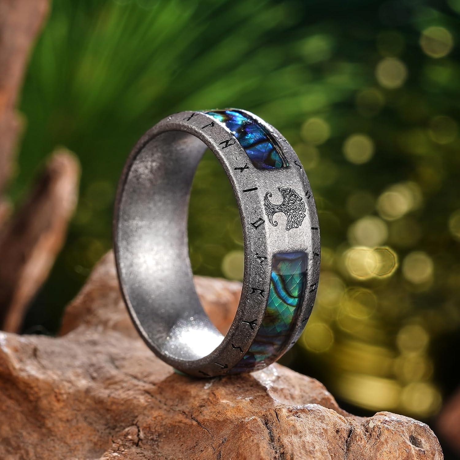 imageKing Will Viking Stainless Steel Wedding Band 8mm Men Ring with Tree of Life Rune Design and Abalone Shell Inlay in GreyGoldBlack Vintage FinishComfort Fit Size 714AGrey