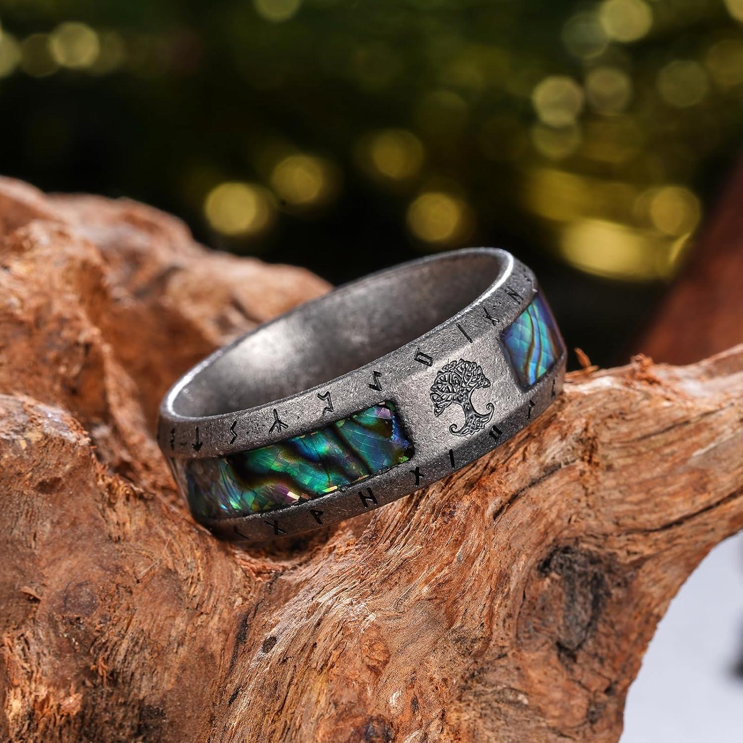 imageKing Will Viking Stainless Steel Wedding Band 8mm Men Ring with Tree of Life Rune Design and Abalone Shell Inlay in GreyGoldBlack Vintage FinishComfort Fit Size 714AGrey