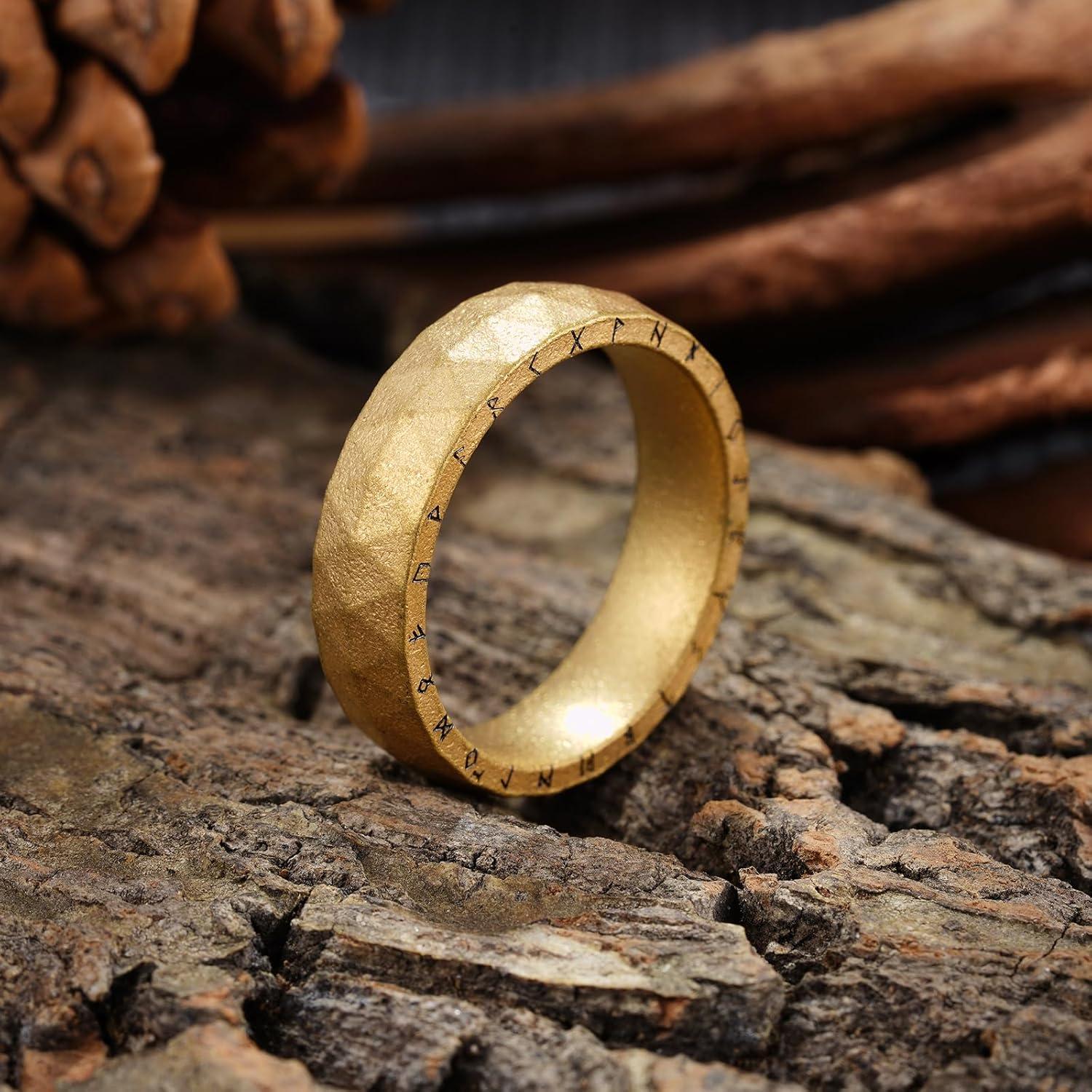 imageKing Will Viking Stainless Steel Wedding Band 8mm Men Ring with Tree of Life Rune Design and Abalone Shell Inlay in GreyGoldBlack Vintage FinishComfort Fit Size 714GoldRunesC